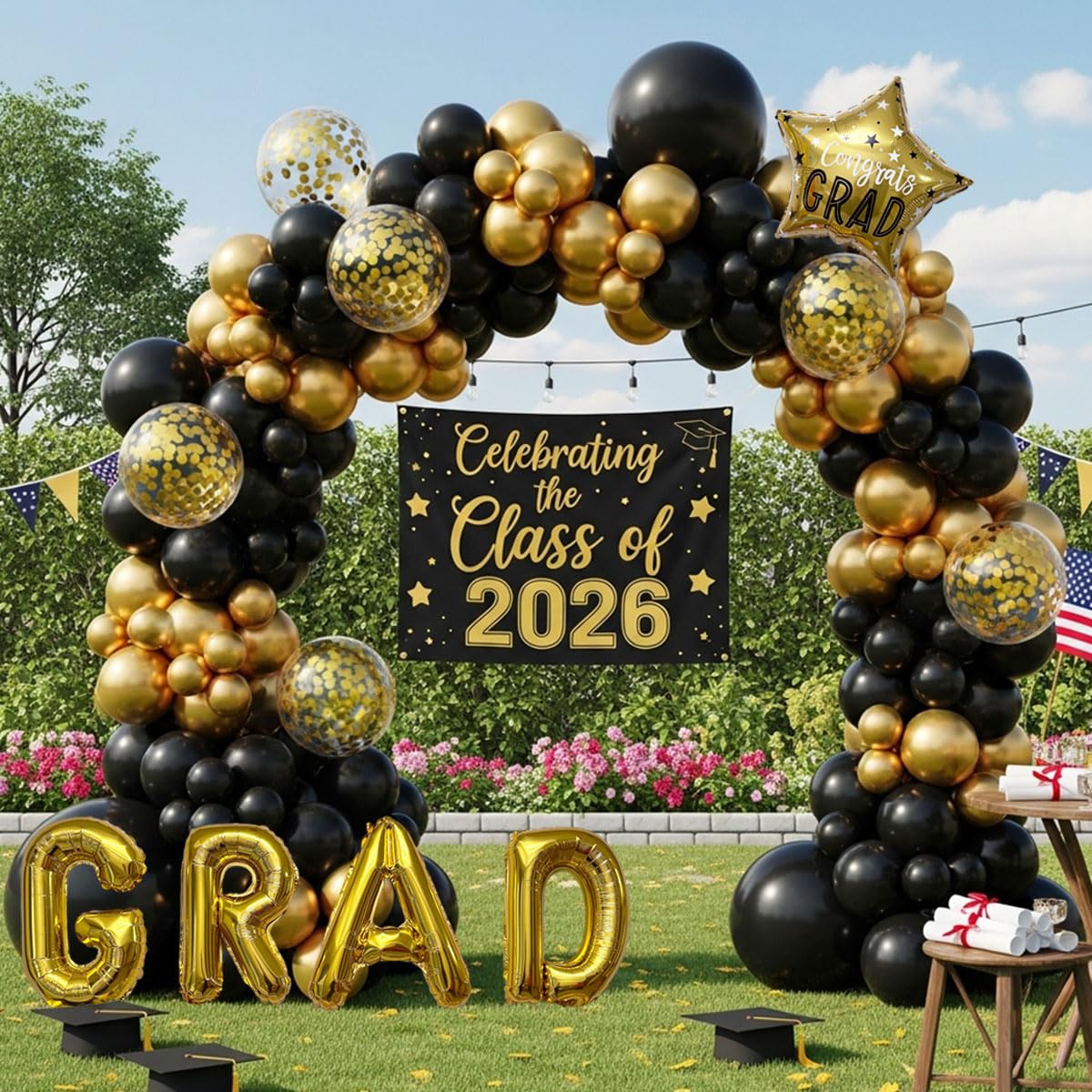 Visondeco Graduation Balloon Arch Kit - 115Pcs Black Gold Graduation Balloon Garland with GRAD Letters and Star Foil Balloons for Class of 2026 Grad Prom Party Decor
