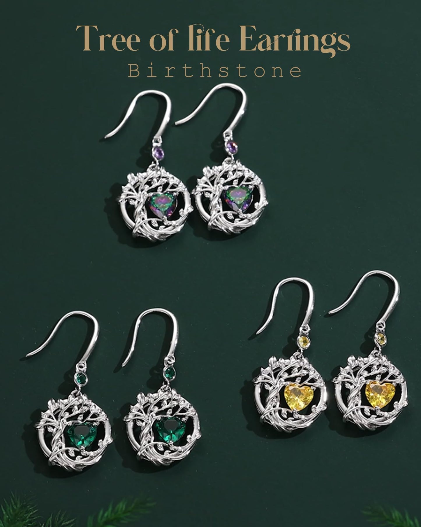 FANCIME Tree of Life Earrings 925 Sterling Silver Dainty Green Emerald Dangle Drop Gemstone Earring May Birthstone Fine Jewelry Birthday Mothers Day Gifts for Mom Her Women