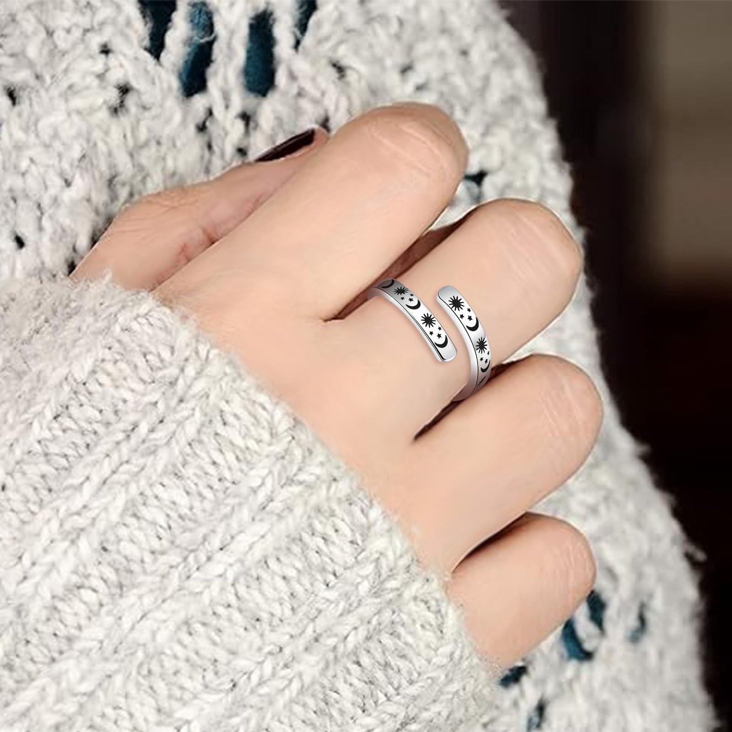 925 Sterling Silver Inspirational Jewelry Adjustable Wrap Open Ring Encouragement Gift for Women (Sun & Moon - Be kind ...of a b*tch)