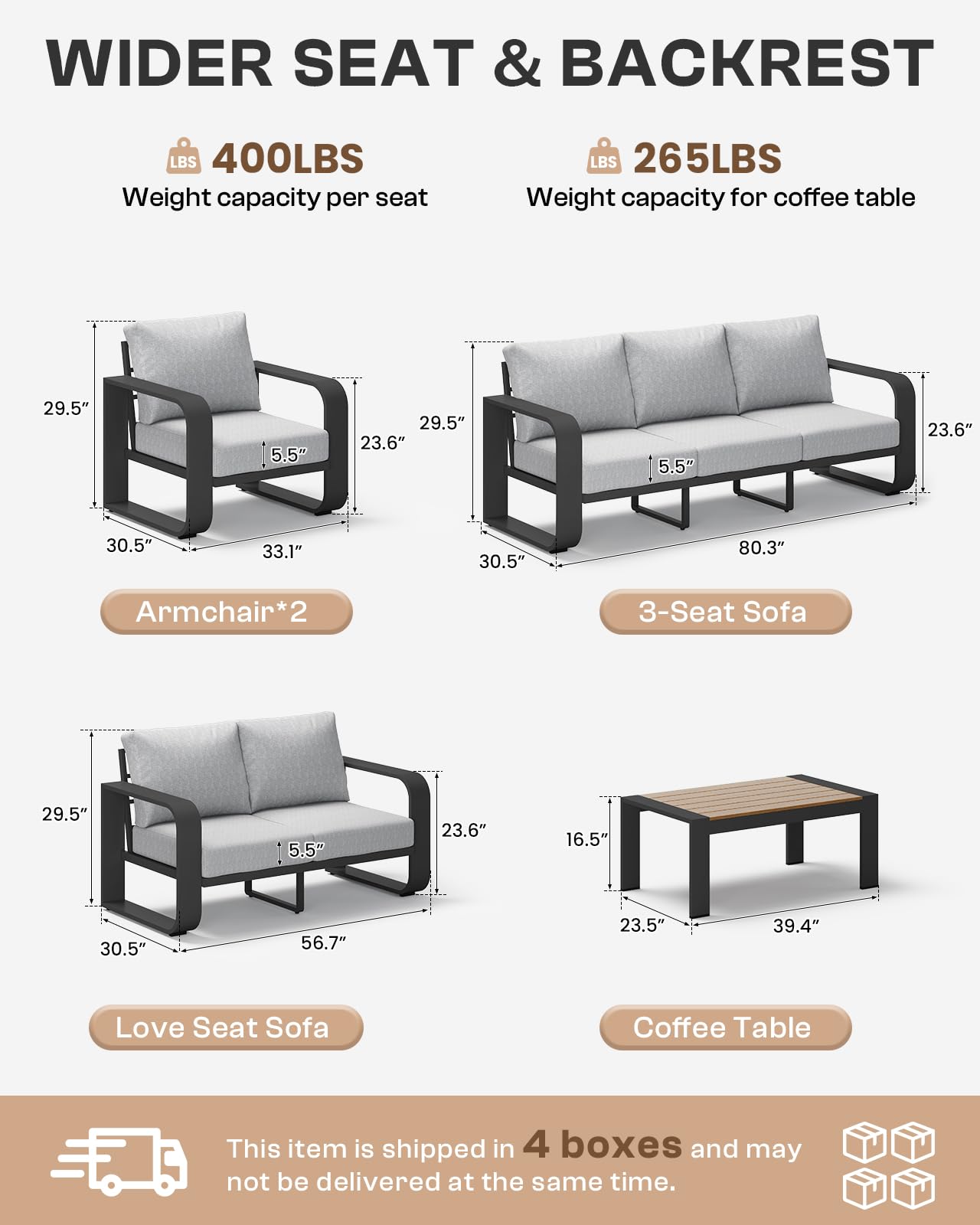 Oasbira Aluminum Outdoor Patio Furniture Set, 5 Piece Oversized Patio Conversation Sets Widened Armrest & Ultra-Thick Cushions, Heavy Duty Modern Sectional Furniture for Backyard, Porch, Gray