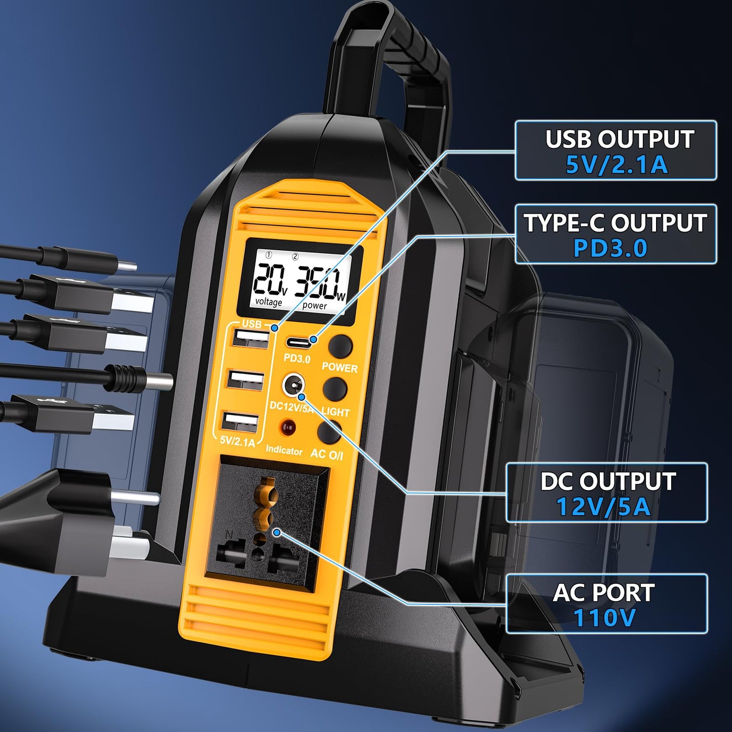 DTEZTECH 350W Power Inverter for Dewalt 20V/60V Batteries, Dual Battery DC 20V to AC 110-120V Pure Sine Wave with 3 USB Ports & LED Work Light, Portable Camping & Emergency Power Station (Tool Only)