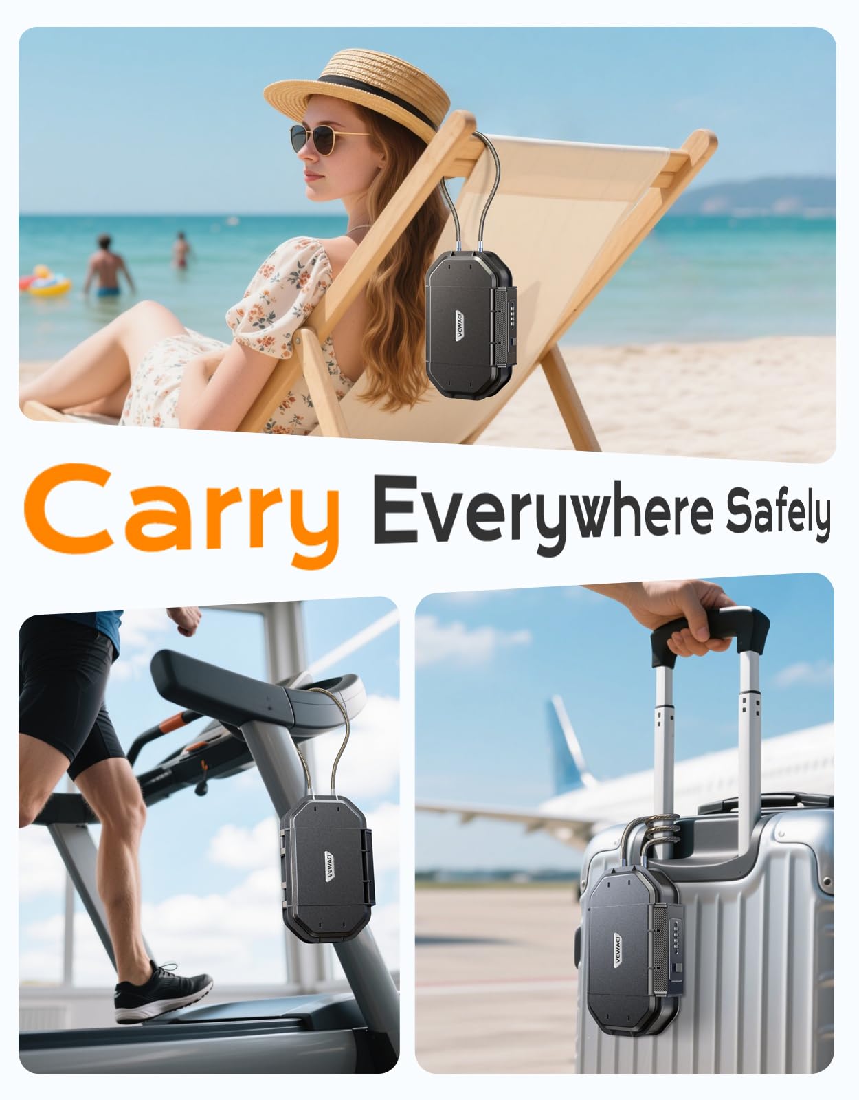 Vewaci Portable Travel Safe Lock Box Waterproof & Durable, 4-Digit Combination Anti-Theft Personal Beach Safe with Removable Steel Cable, Small Security Case Lock Box for Beach/Travel/Hotel/Dorm