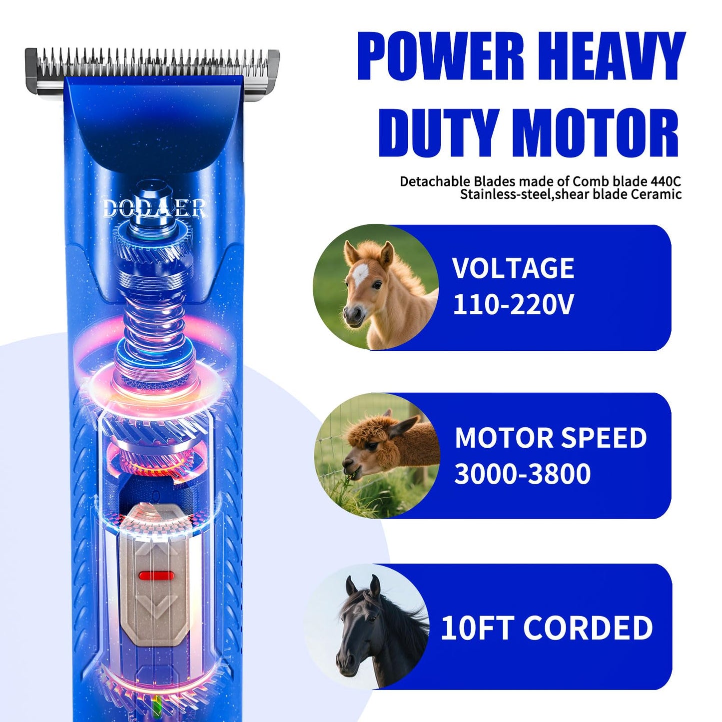 DODAER Professional Grooming Electric Corded 2-Speed Horse Clipper with Detachable Blade - Cool & Quiet Running Design - Includes Size T84 Blade for Complete Horse Grooming - Blue
