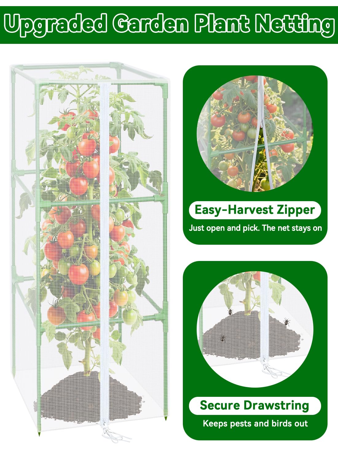 ZeeDix 57" x 16.1" Garden Bird Netting for Square Tomato Cage, 6 Pack Garden Mesh Barrier, Plant Covers Protect Tomatoes, Vegetables, Blueberry Bush from Birds & Pests