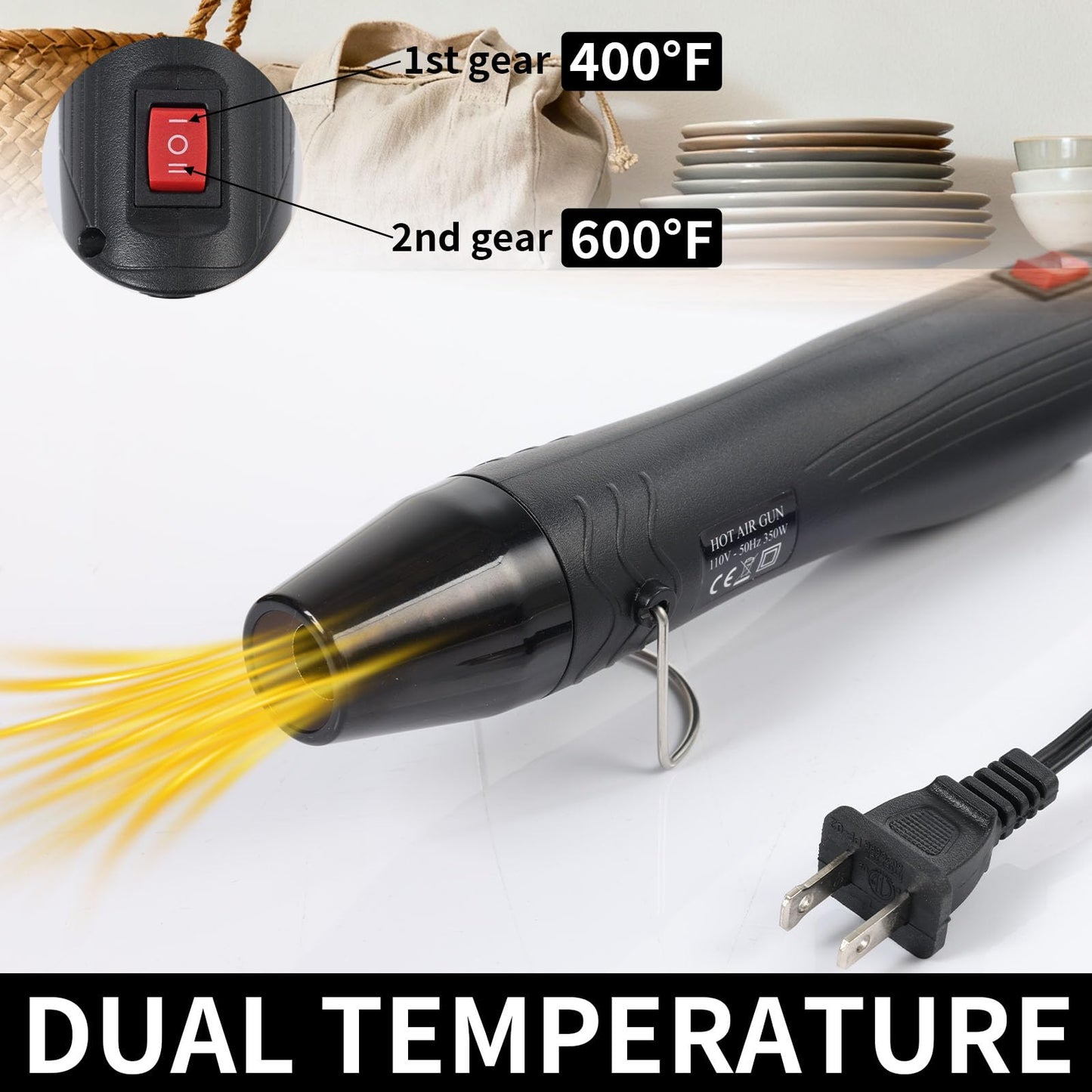 VortecSys Heat Gun for Crafting, 110V 350W Handed Hot Air Gun, 3.28FT Ultra-Long Cable Portable Heat Gun with Stand and Power Cord for Shrinking Wrapping PVC, DIY Embossing and Drying Paint (Black)