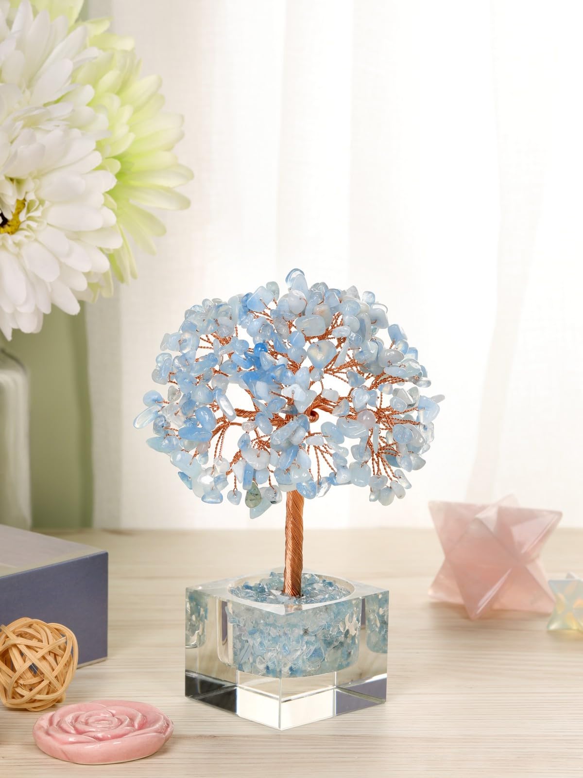 Jovivi Large Crystal Tree with Square Glass Base, Aquamarine Healing Crystals Tree Life Natural Chipped Gemstone Money Trees Feng Shui Good Luck Positive Energy Blue Home Desk Decor