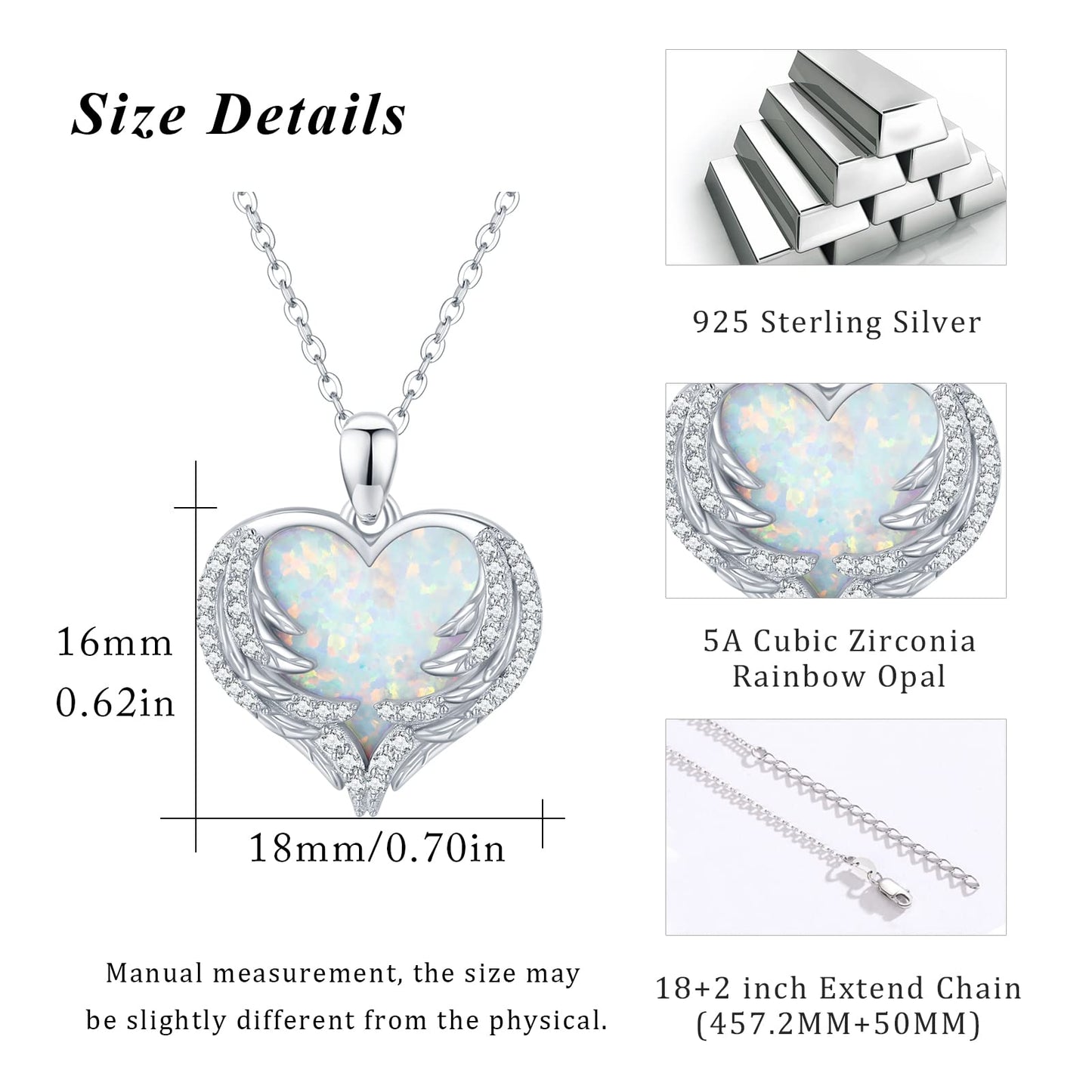 CUOKA MIRACLE Angel Wing Heart Opal Necklace 925 Sterling Silver Women's Guardian Angel Wings Pendant Necklace Dainty White Opal Jewelry for Women Birthday Gifts for Mom Women