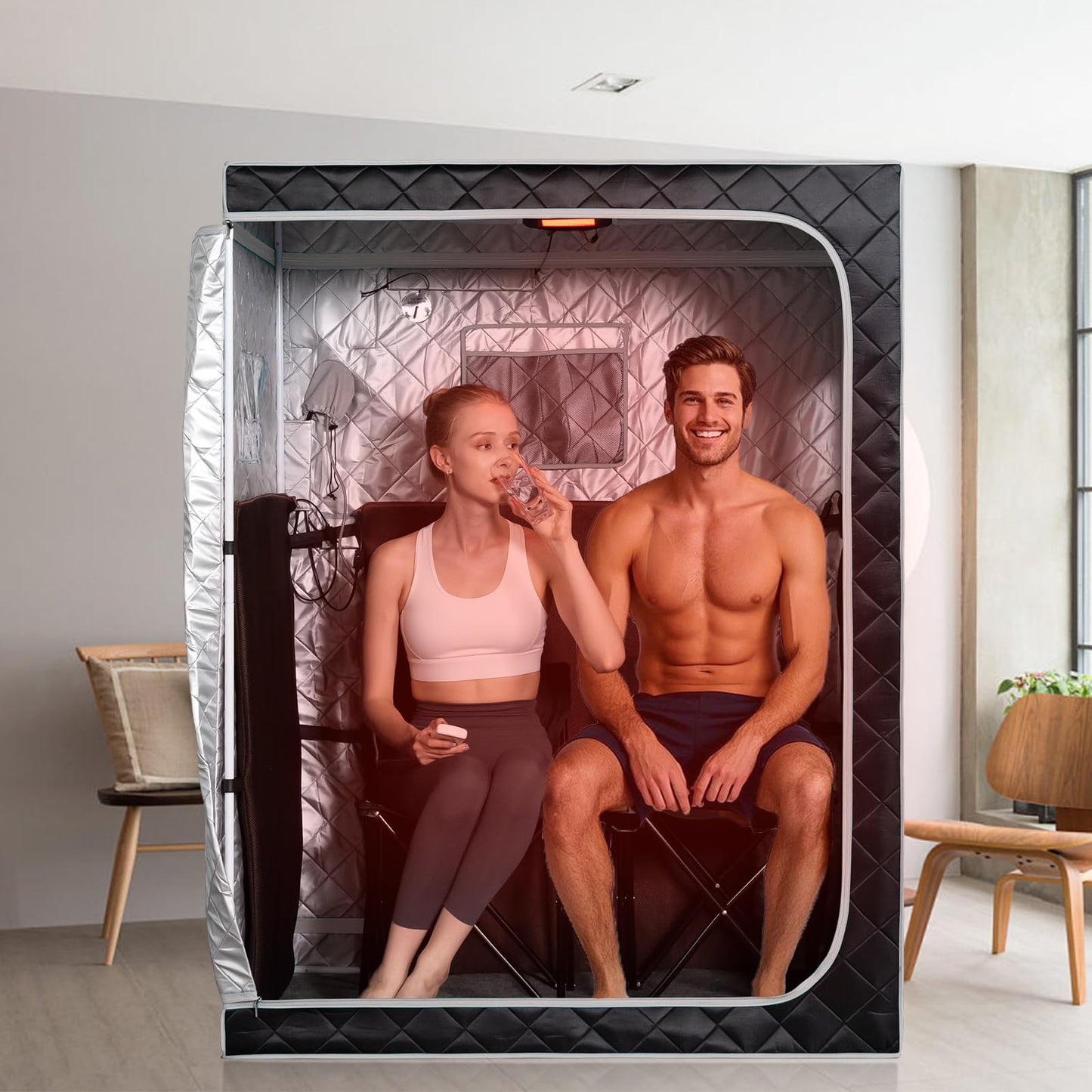 Smartmak Portable Far Infrared Sauna, Home Two Person Sauna Box with 660nm Red Light Therapy Lamp, X-Large Full Size Indoor SPA Tent for Body Recovery, Remote Control, 2 Folding Chairs, Greyborder
