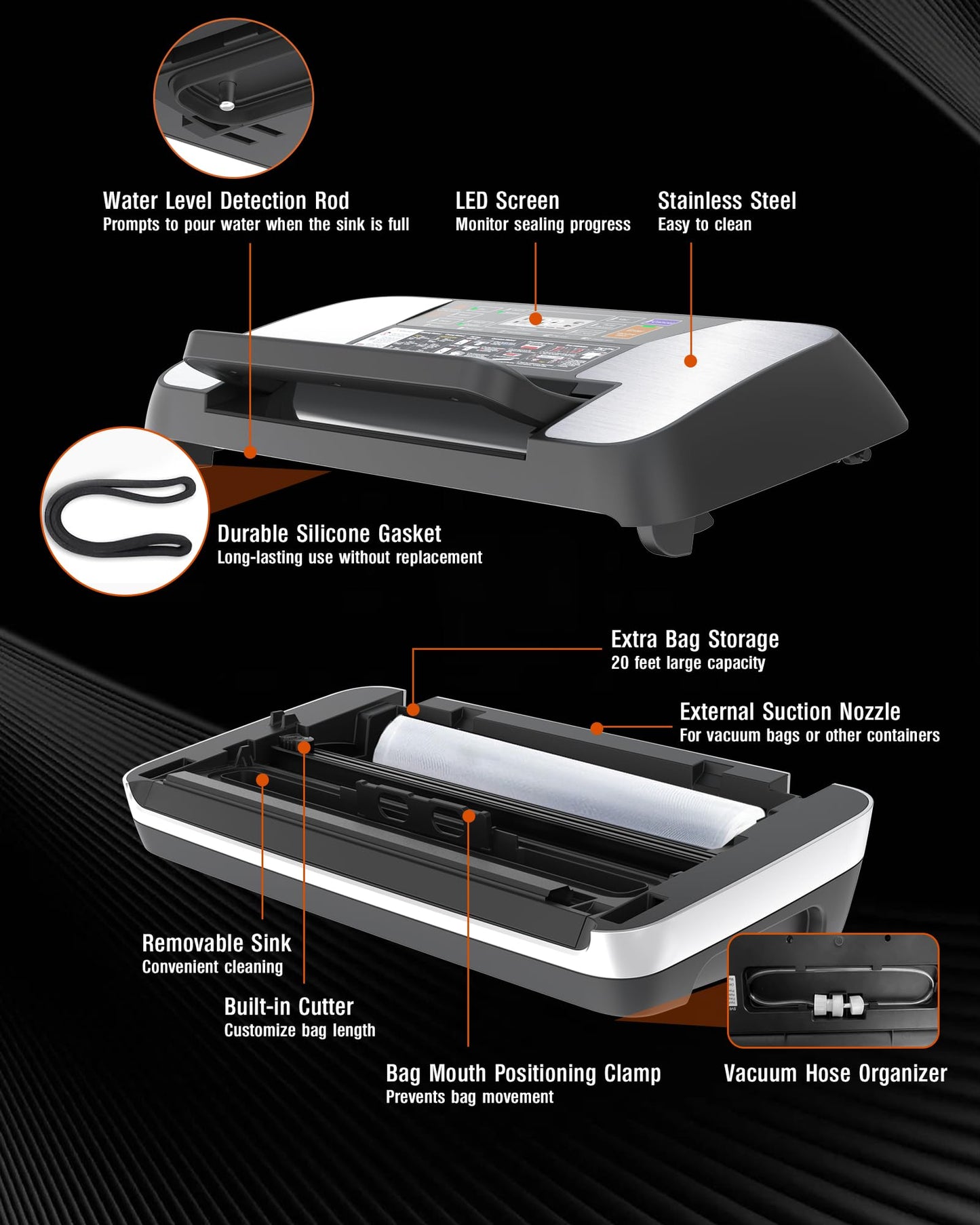 95kPa Food Vacuum Sealer Machine, Powerful 230W Vacuum Pack System with Double Heat Seal for Moist & Dry Food, 12-in-1 Automatic Sealer Includes Built-in Cutter, Hose for Jars & Wine, 1 Roll + 10 Bags