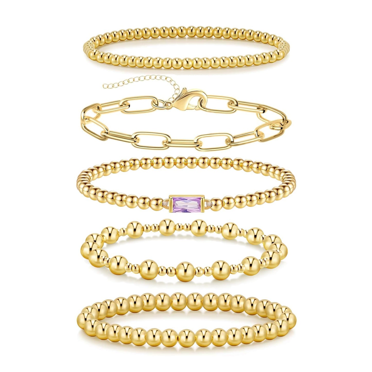 5 PCS Gold Bracelets for Women, Dainty Birthstone Bracelet 14K Gold Plated Stackable Paperclip Cuban Link Chain Bead Bracelets, Fashion Trendy Jewelry Sets Birthday Gifts
