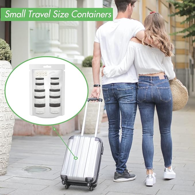 10pcs Small Travel Containers, Black Sample Jars with Screw Lids, 5 Size 3/5/10/15/20 Gram, 12pcs Labels and 2pcs Mini Disposable Spatula, Makeup Sample Containers BPA Free