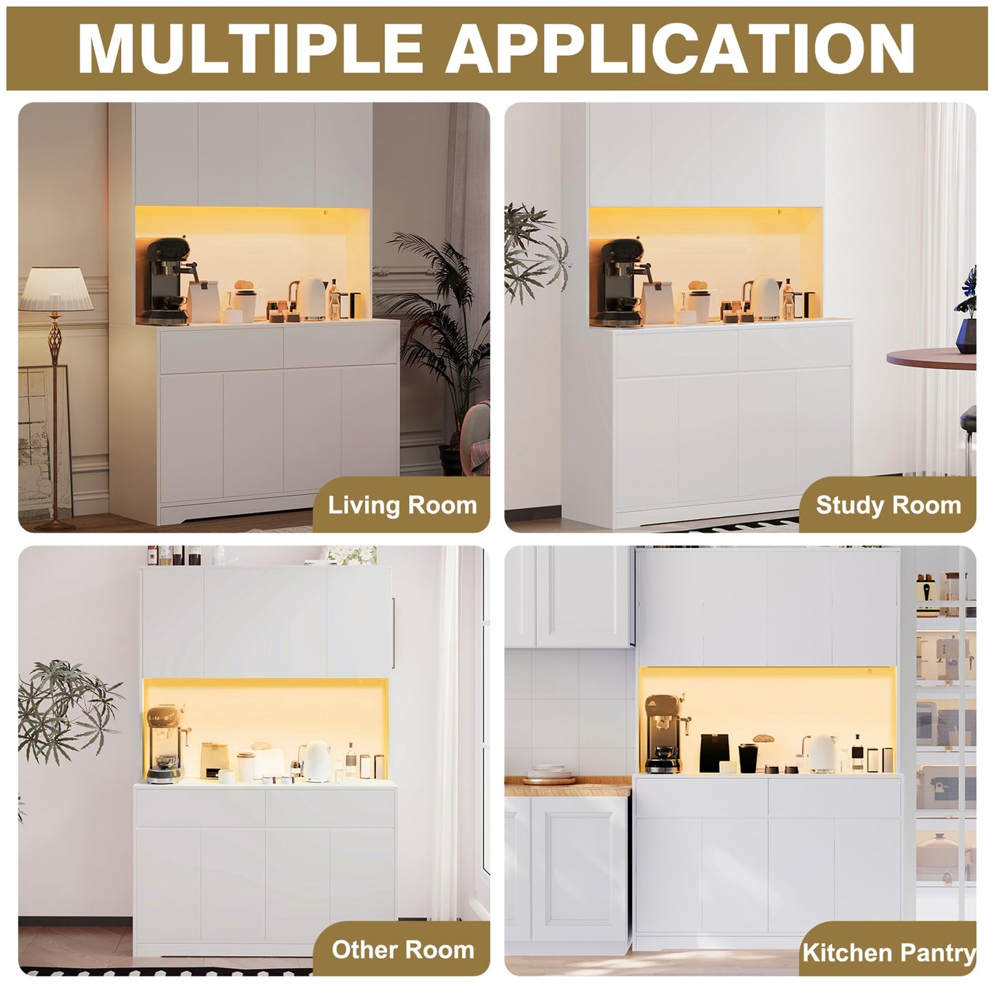 71" Tall 47" Wide Large Kitchen Pantry Storage Cabinet w/ Power Outlet,Led Light, Kitchen Hutch Pantry Cabinet w/ 2 Drawer and 8 Doors,Modern Freestanding Buffet Cabinets for Kitchens,Dining Room