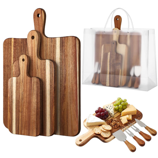 Acellegic 8 Pcs Cheese Prizes Acacia Wood Cutting Boards Gift Set Bridal Baby Shower with Cheese Knives Set PVC Bag Wooden Square Board for Bridal Baby Shower Housewarming Christmas