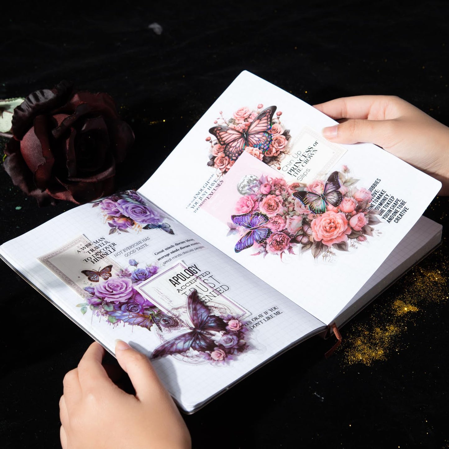 Yoksas 60Pcs Vintage Gothic Holographic Shiny Butterfly Flower Stickers - Clear Waterproof Dark Spooky Butterfly Stickers for Scrapbooking,Junk Journals,Witchcraft Supplies