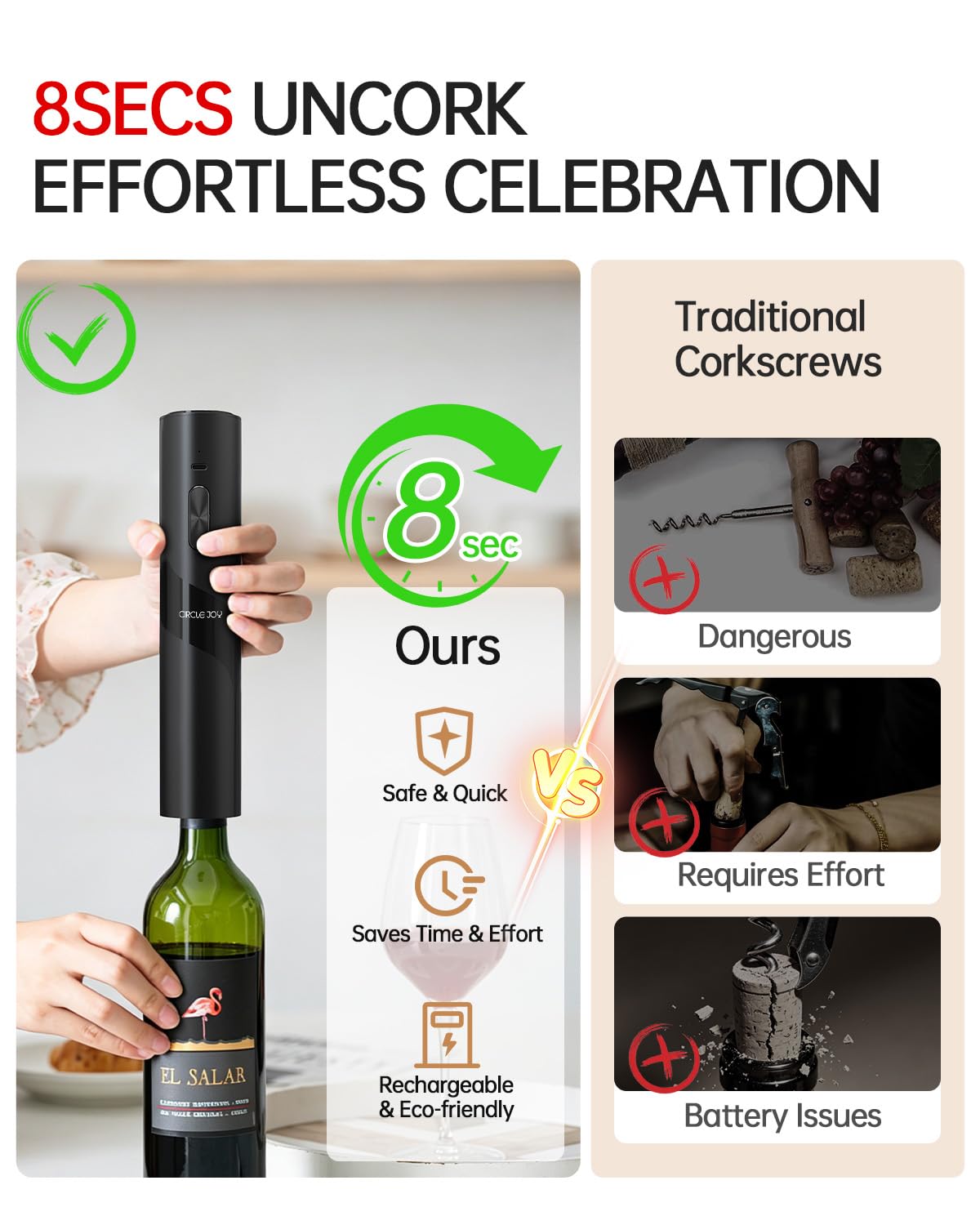 CIRCLE JOY Rechargeable Wine Opener Electric Wine Bottle Opener 7-in-1 Wine Gift Set with Electric Vacuum Pump, Charging Station, Foil Cutter, Wine Aerator Pourer and 2 Wine Stoppers