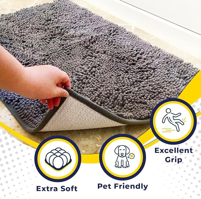 Muddy Mat® 2-Piece Grey Medium 30"X19" AS-SEEN-ON-TV Highly Absorbent Microfiber Door Mat, Bath Mat and Pet Rug, Non Slip Thick Washable, Soft Chenille for Kitchen Bathroom Bedroom Indoor and Outdoor