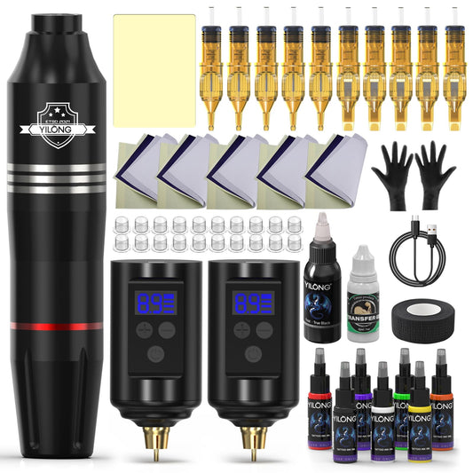 Wireless Tattoo Kit for Beginners - Tattoo Machine with 2pcs 1200 mAh Capacity Power Supply, Tattoo Pen Kit with 10Pcs Tattoo Cartridge Needles Transfer Papers and 2mm Tatoo Practice Skin