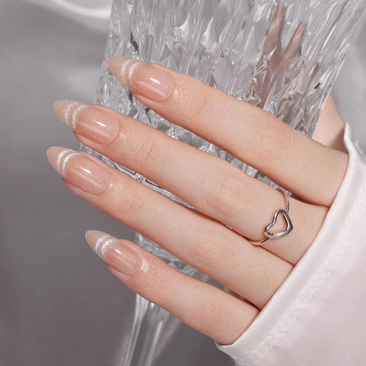 VSALON Almond Medium Press On Nails, Nude Radiant Cat Eye French Tip