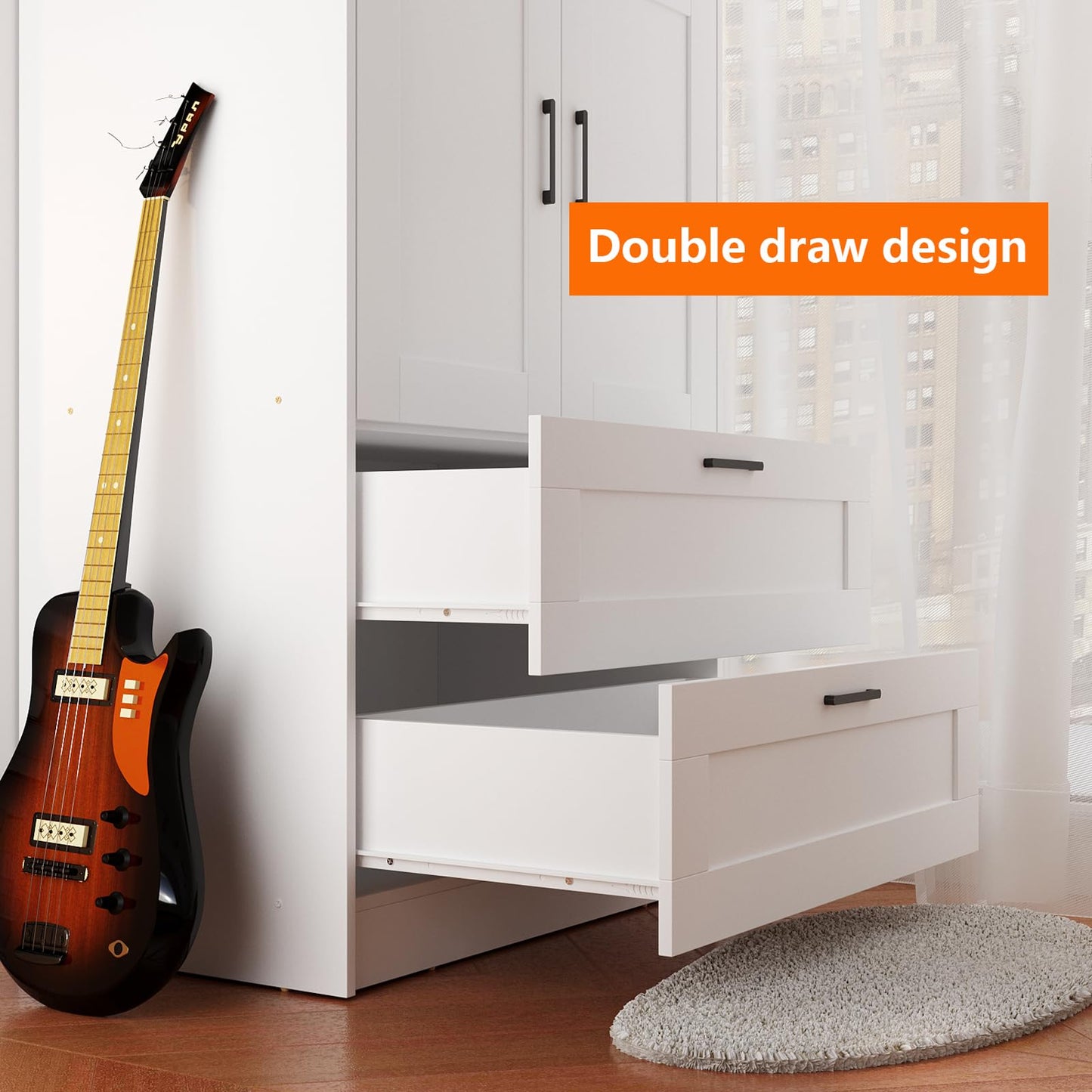 3 Doors Wooden Wardrobe Closet Armoire, White Storage Cabinet for Hanging Clothes, Bedroom Large Capacity Freestanding Armoire,Wood Wardrobe Combination with Shelves (2drawer, White)