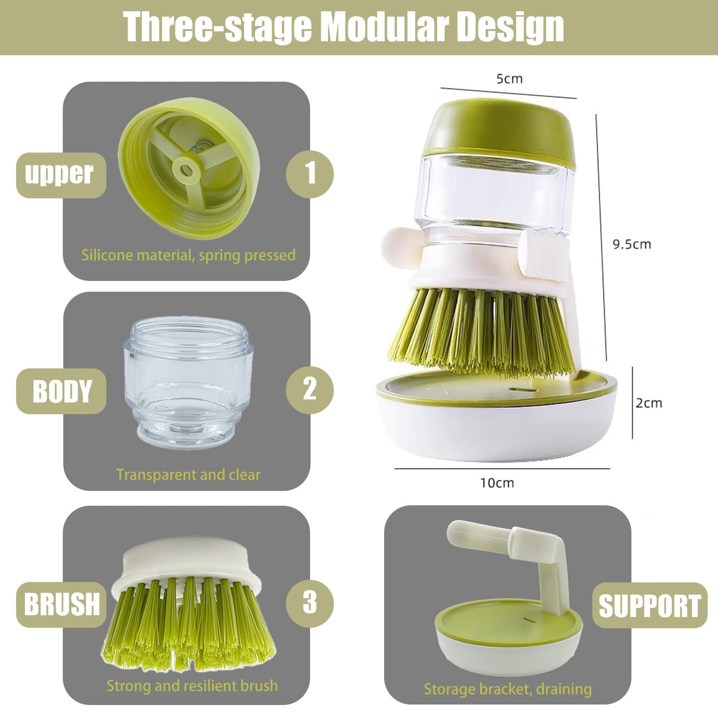 UGWkivd Soap Dispenser Dish Brush Palm Brush Scrub Brush Equipped with Storage Bracket and Drainage Base,Easy to Clean Kitchen Utensils and Sink, Includes a Replaceable Brush（Green）