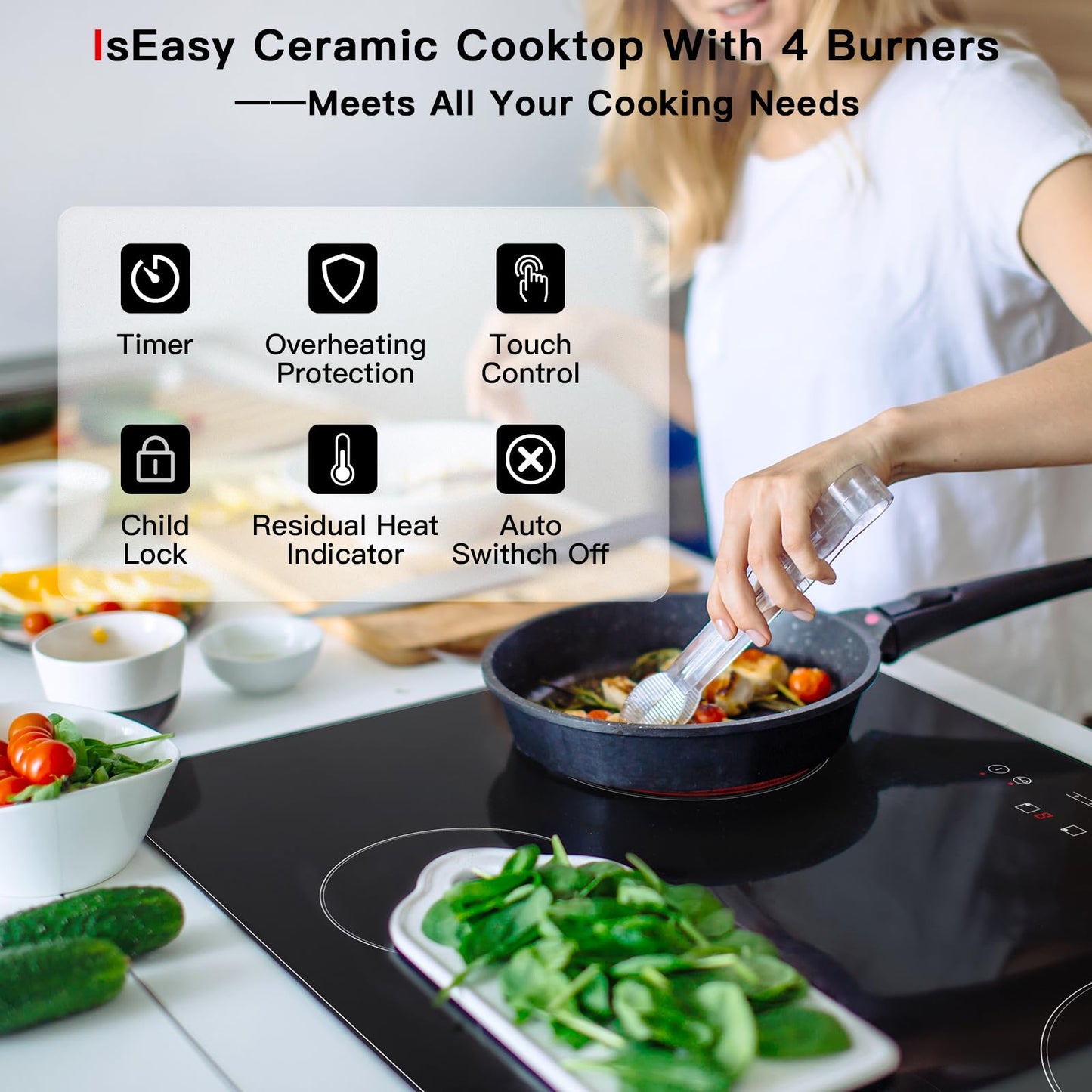 IsEasy 30 Inch Ceramic Electric Cooktop 4 Burner Built-In Electric Stove Top with Touch Sensor Control, 9 Power Levels, Timer, Child Safety Lock, 220-240V Glass Cooktop