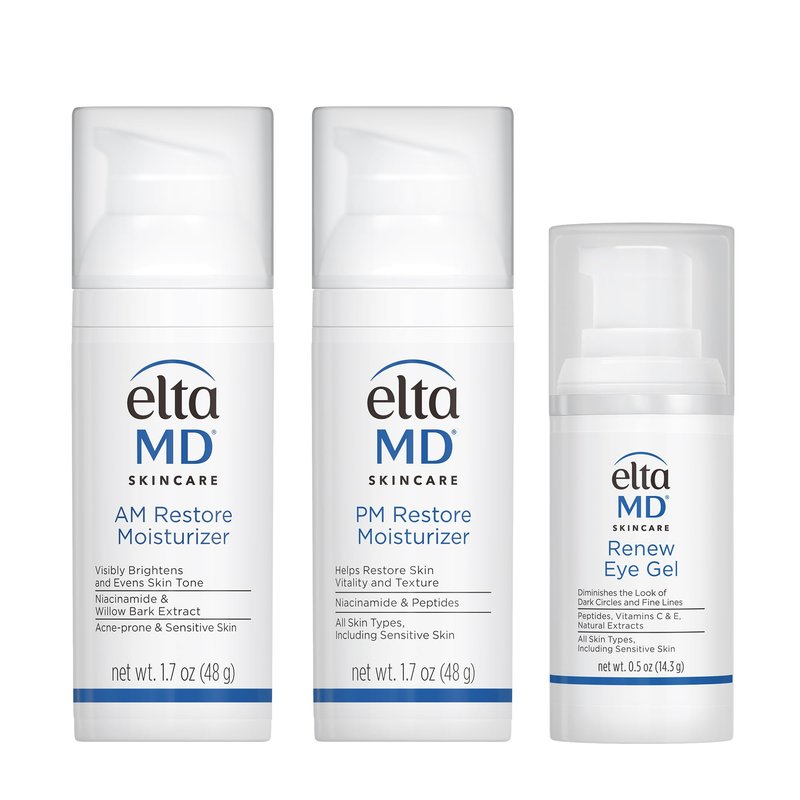 EltaMD Morning and Night Skin Care Kit, AM Restore and PM Restore Facial Moisturizers, Anti-Aging Renew Eye Gel