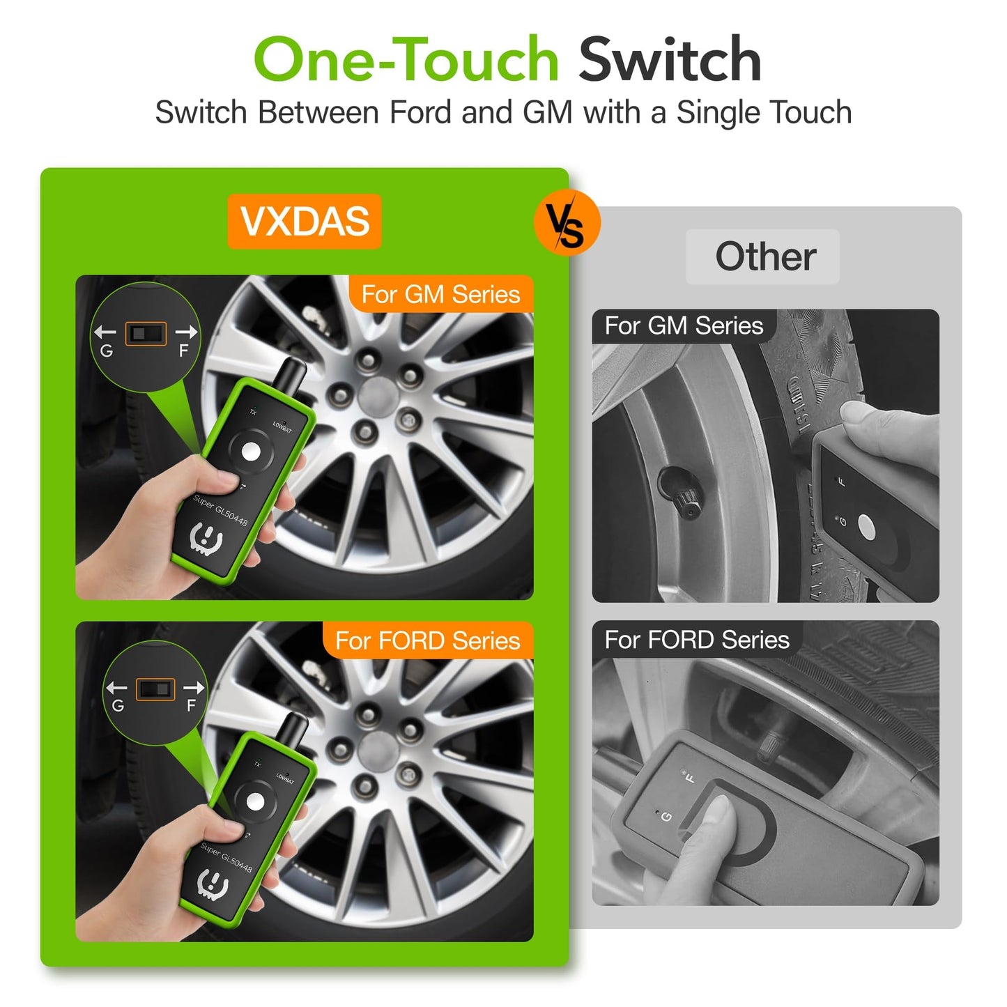 VXDAS 2IN1 TPMS Relearn Tool Super GL50448 for GM and Ford with Model Switch Button,Tire Pressure Sensor Monitor Reset Activation for Buick/Cadillac/Chevrolet/GMC/Lincoln 2025 Edition(Green)