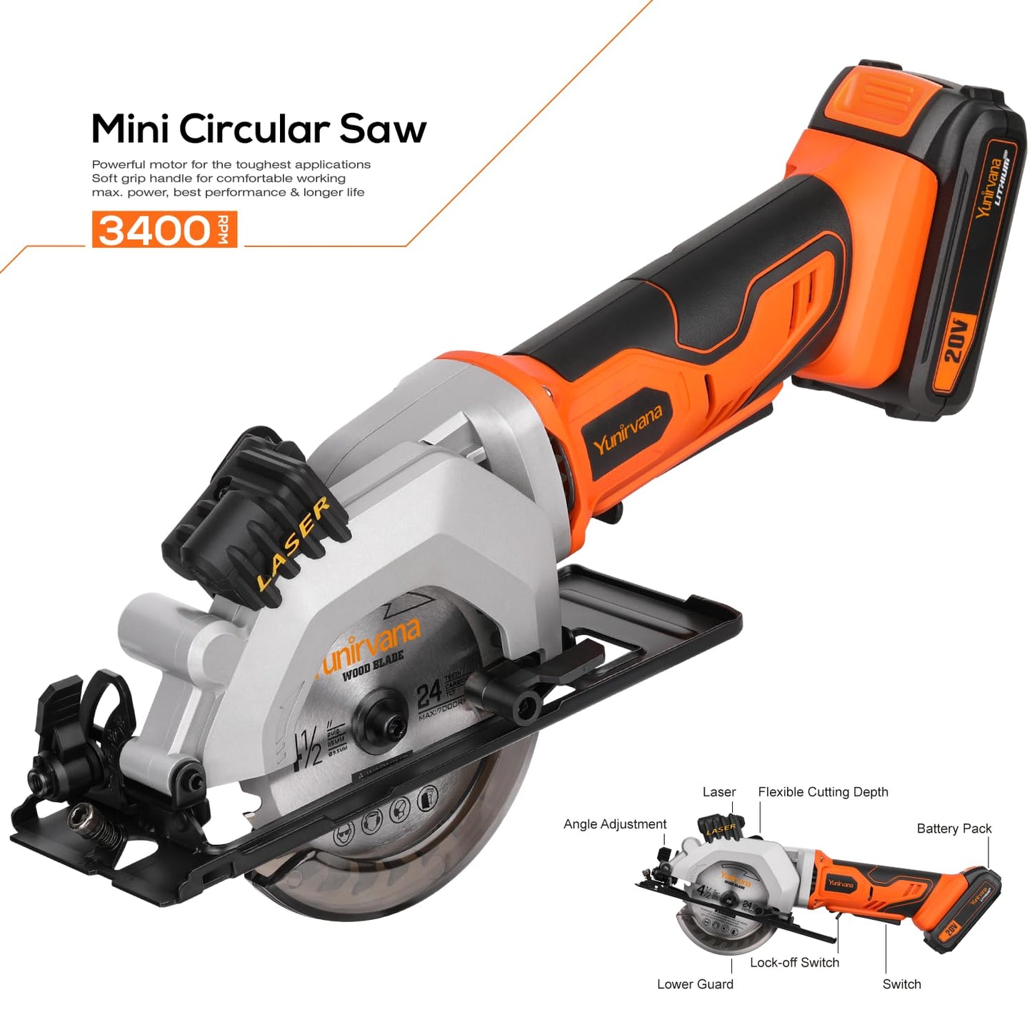Yunirvana Mini Circular Saw, 20V 3400RPM Professional Cordless Circular Saw, Adjustable Angle and Depth,Max Cutting Depth 1-2/3"(90°), 1-1/8"(45°), Laser Guide, Rip Guide