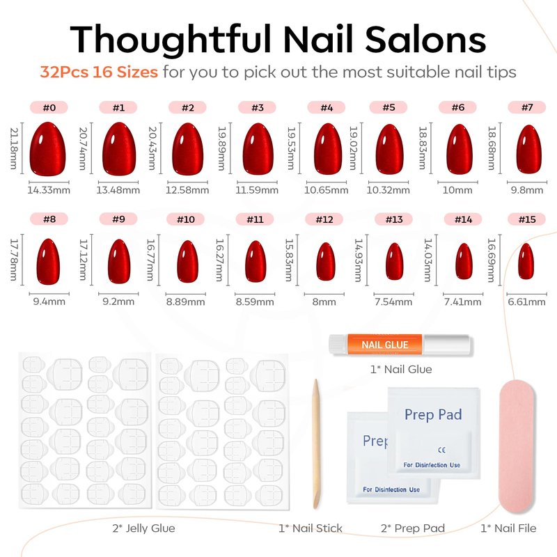 Modelones Red Cat Eye Press on Nails Almond, Spring Short Fake Nails, Reusable Nail Kit with Nail Glue Adhesive Tabs Mini Nail File, Nails Press Ons 32Pcs 16 Sizes, Women Girl Gift