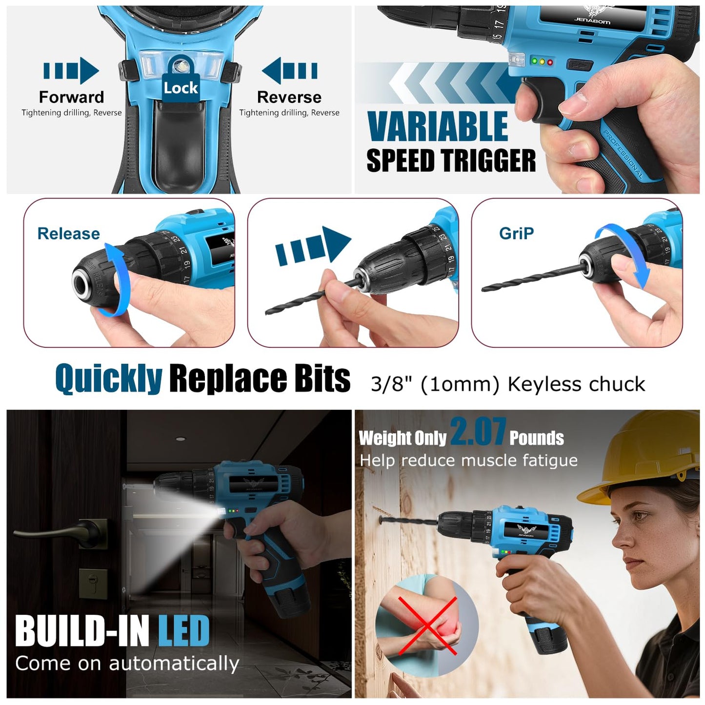 JENABOM Tool Set：Tool Kit with 12V Cordless Drill,Tool Box with Drill,Hand Drill Set for Men & Women,Home Tool Kits for House Repair,Handyman,DIY 146 Piece