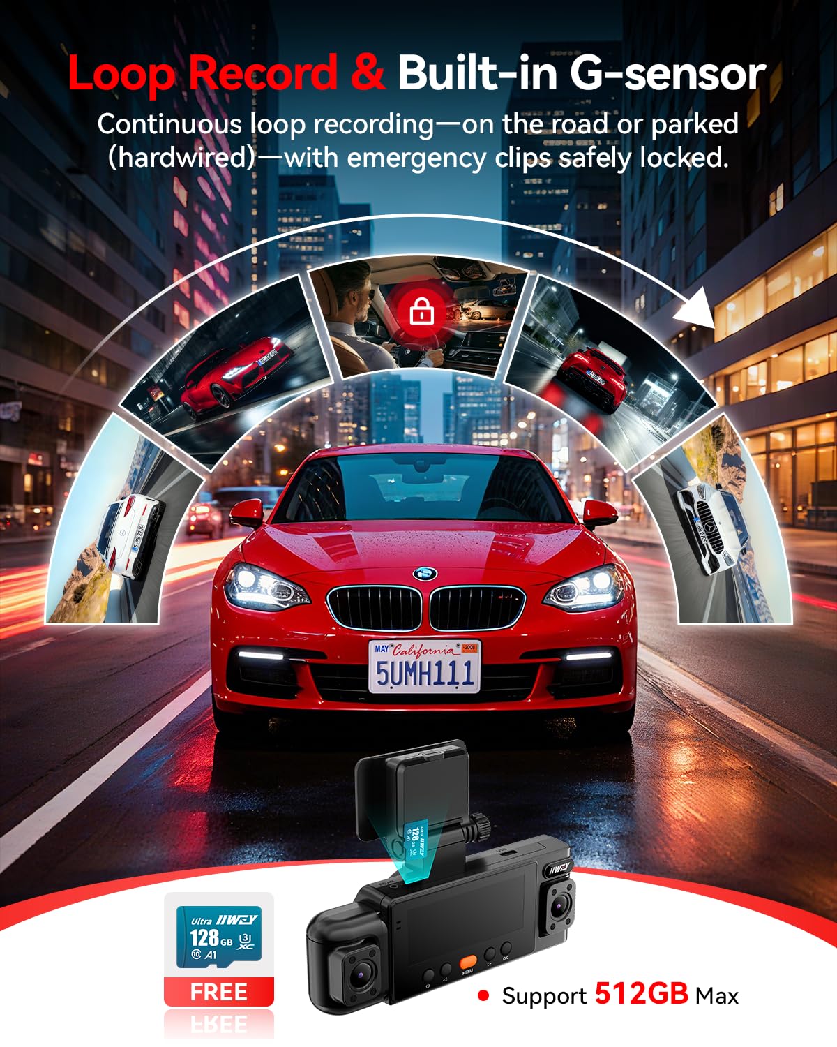 IIWEY N6 360° Dash Cam 4 Channel, 5.8G WiFi-6 (up to 20MB/s) with App, Free 128GB Card, FHD Front & Rear Inside Dash Cam for Car, 8 IR Lights Night Vision, GPS, 24/7 Parking Mode, G-Sensor