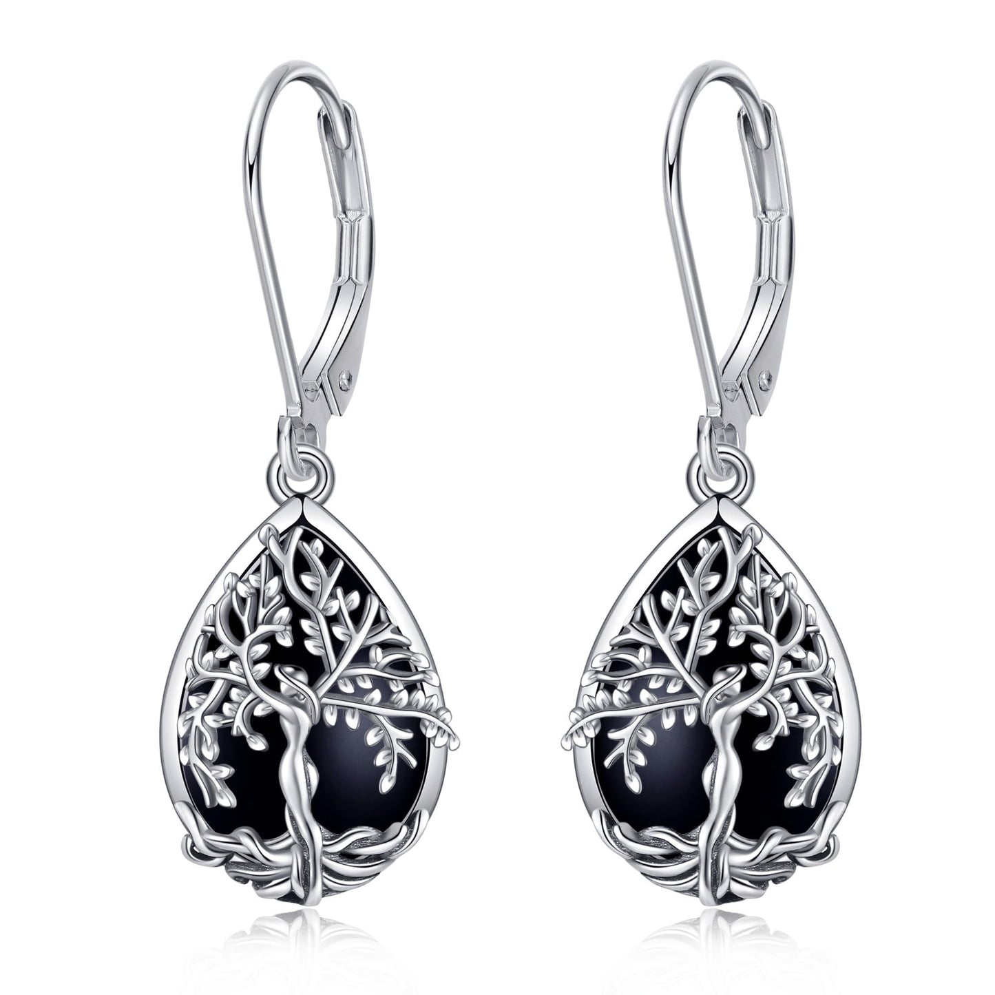 ONEFINITY Tree of Life Earrings Sterling Silver Black Tourmaline Tree of Life Dangle Drop Earrings Teardrop Black Tourmaline Jewelry for Women
