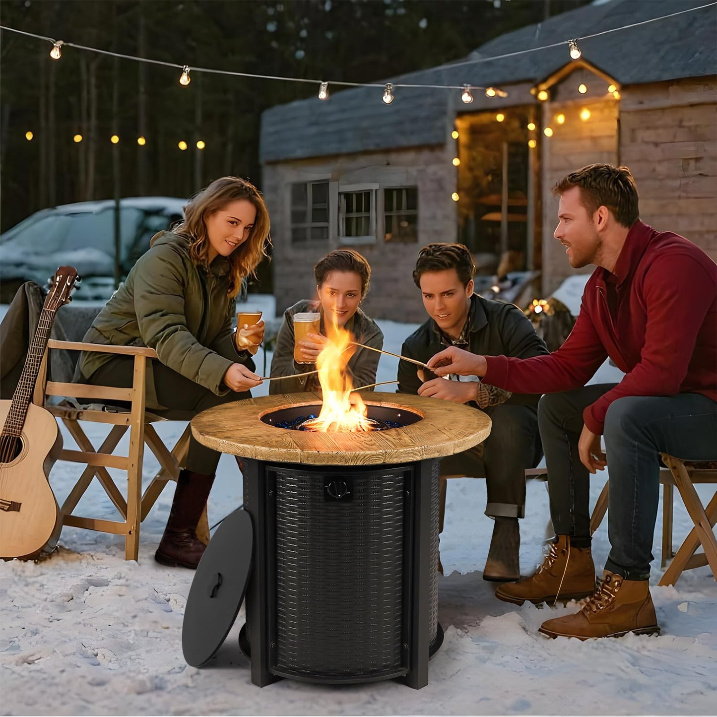 lovamsal 30 Inch Round Propane Fire Pit,50,000 BTU Iron Gas Firepit with Ignition Systems,w/Lid,Glass Stones,Outdoor Fire Table for Outside Patio,Deck-Black