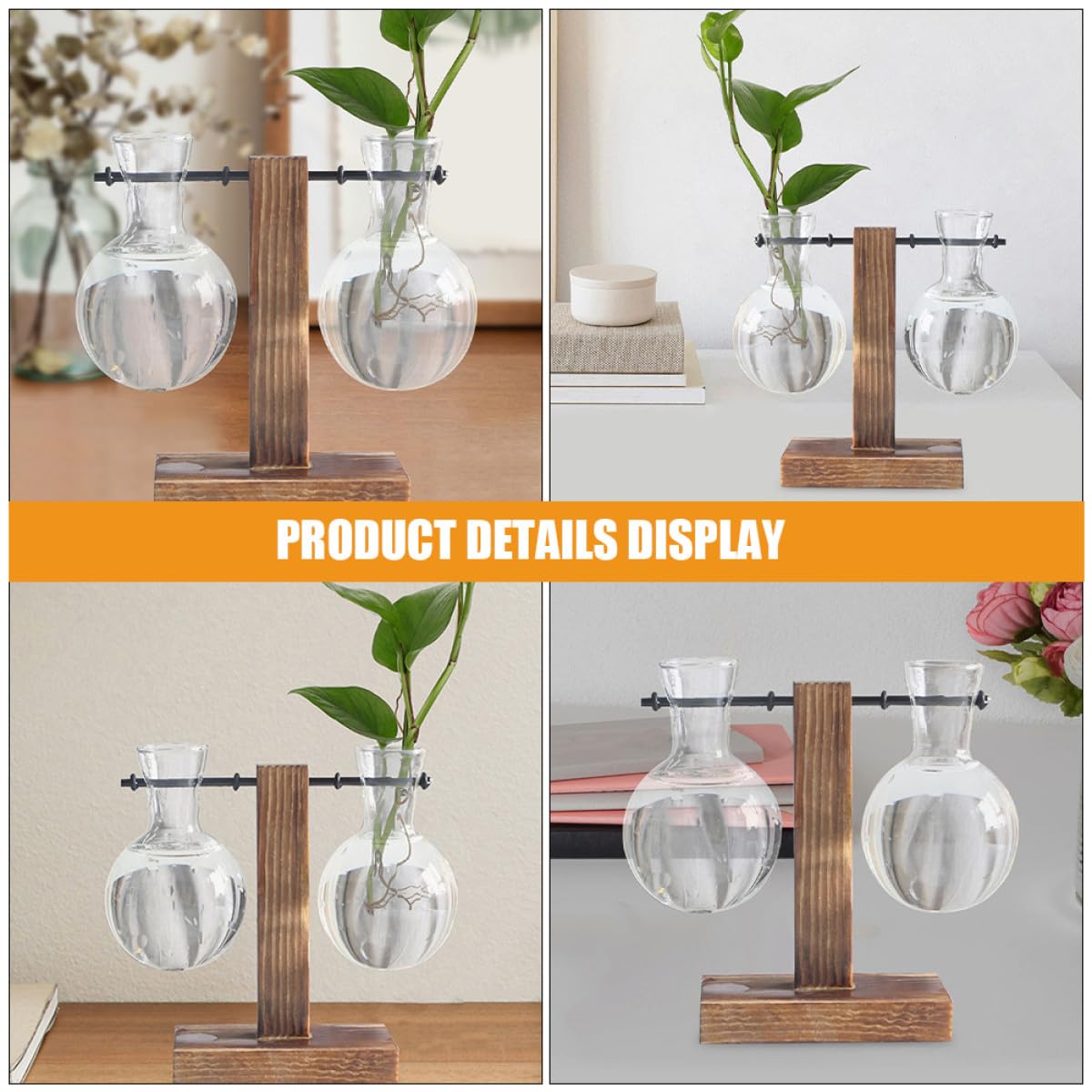 MAGICLULU 3pcs Glass Propagation Vases with Wooden Stand High Borosilicate Hydroponic Plant Planter for Desktop Indoor Terrarium and Plant Propagation
