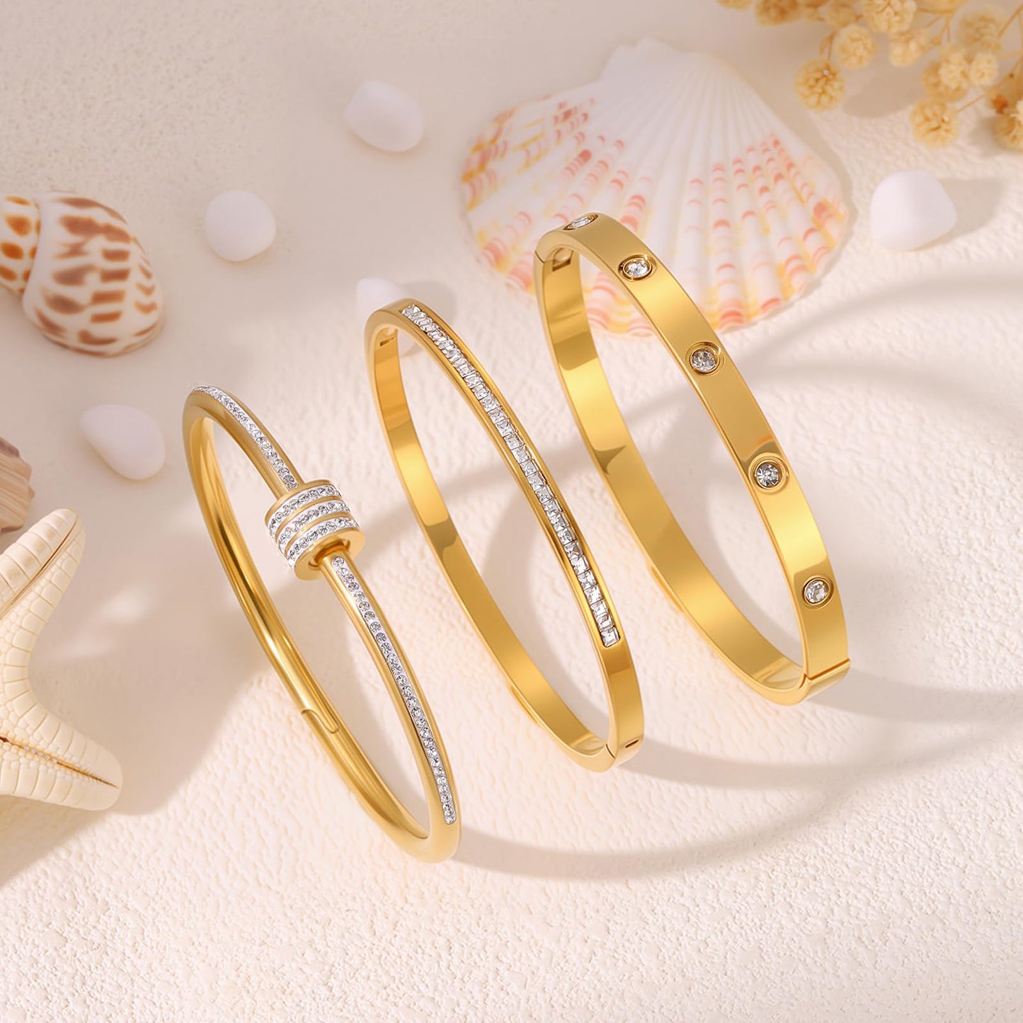 Camhanno Gold Bracelets for Women - Crystal Stackable Bangles with Friendship & Love Theme - Stainless Steel Jewelry, Ideal Birthday Gift (Style 4)