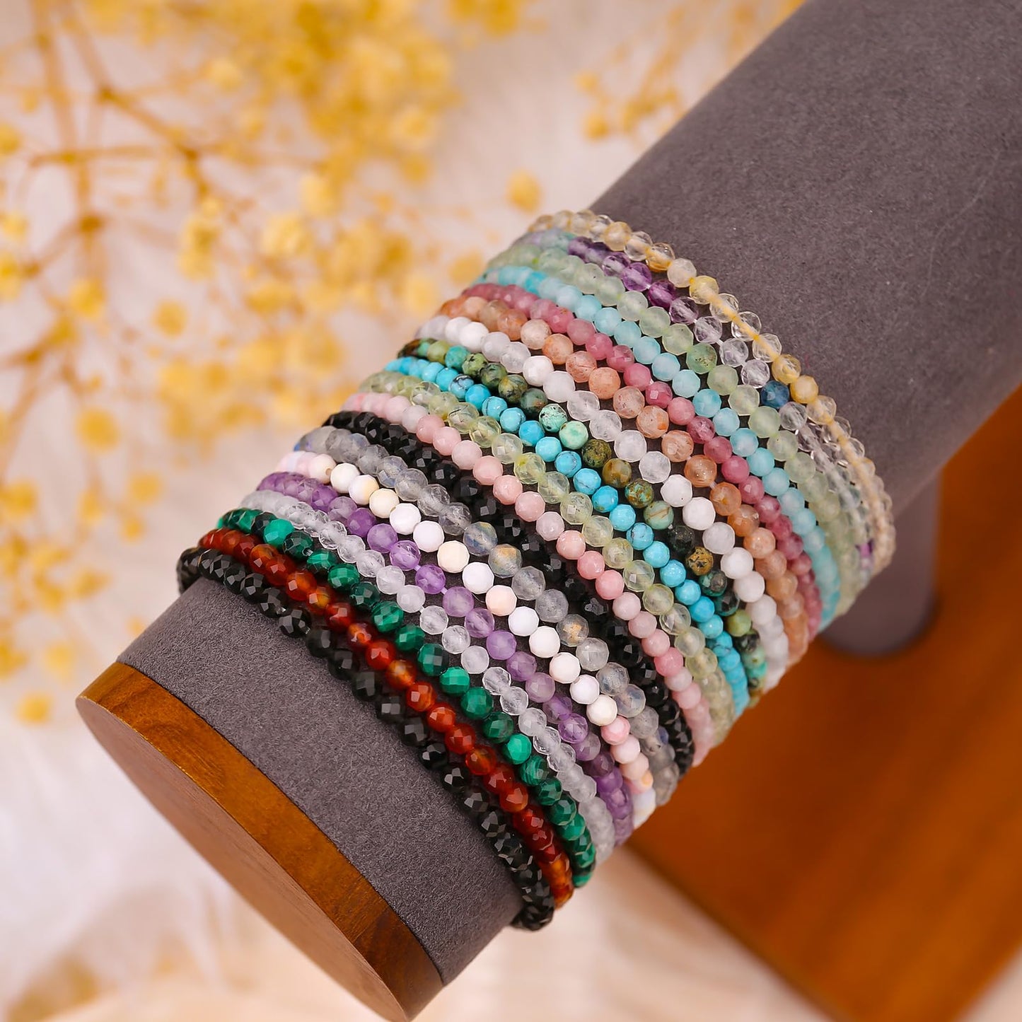 BONNY BOXX Natural Genuine Gemstone Faceted Round Beads Bracelet, 3mm Adjustable Stretchy Tiny Faceted Apatite, Healing Crystal Reiki Chakra Dainty Jewelry Fashion Gifts