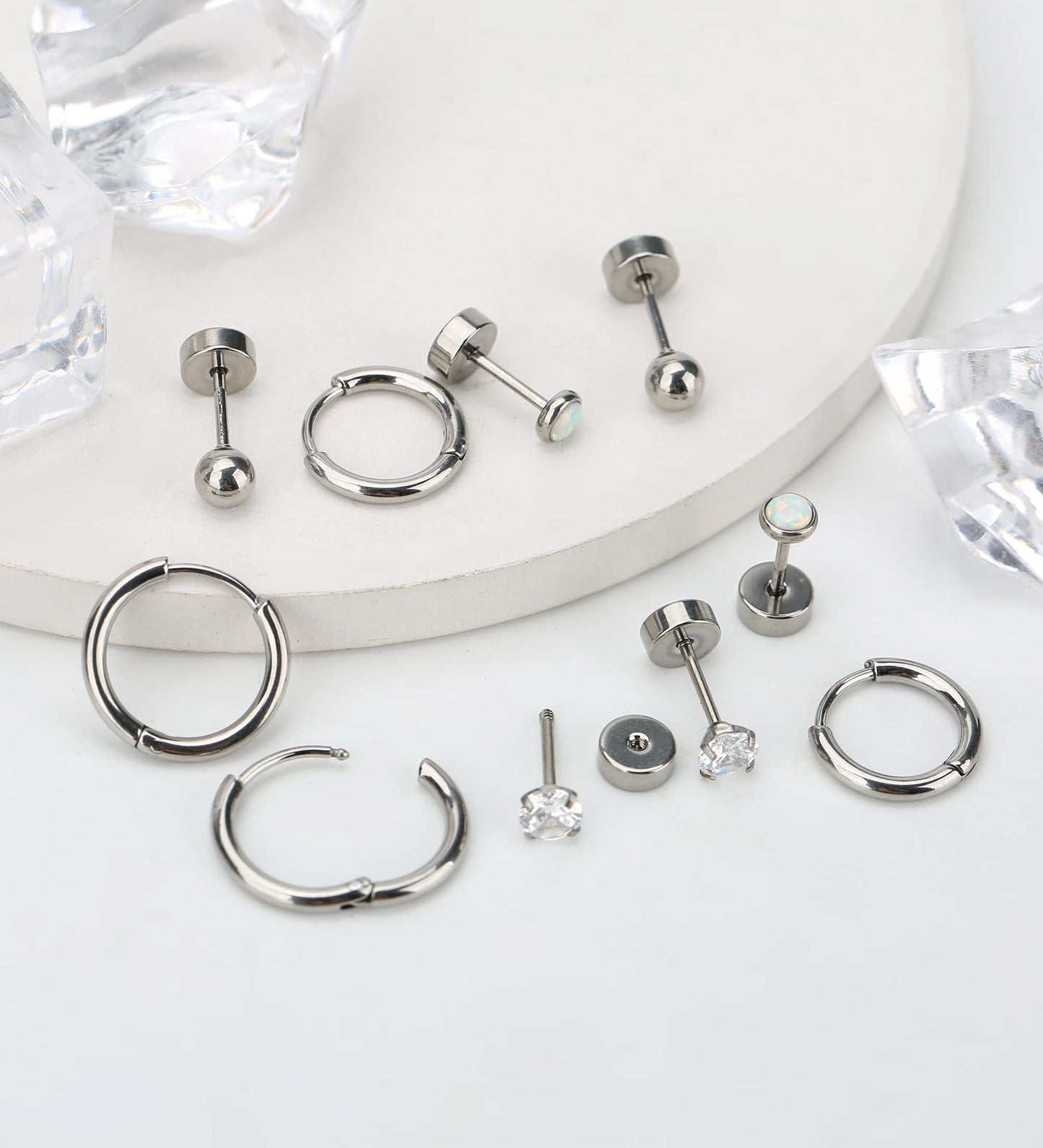 MJust Titanium Earrings for Sensitive Ears 20G Hypoallergenic Stud Hoop Earrings for Women Men Opal Ball CZ Heart Pearl Flat Back Earrings Cartilage Earrings Set