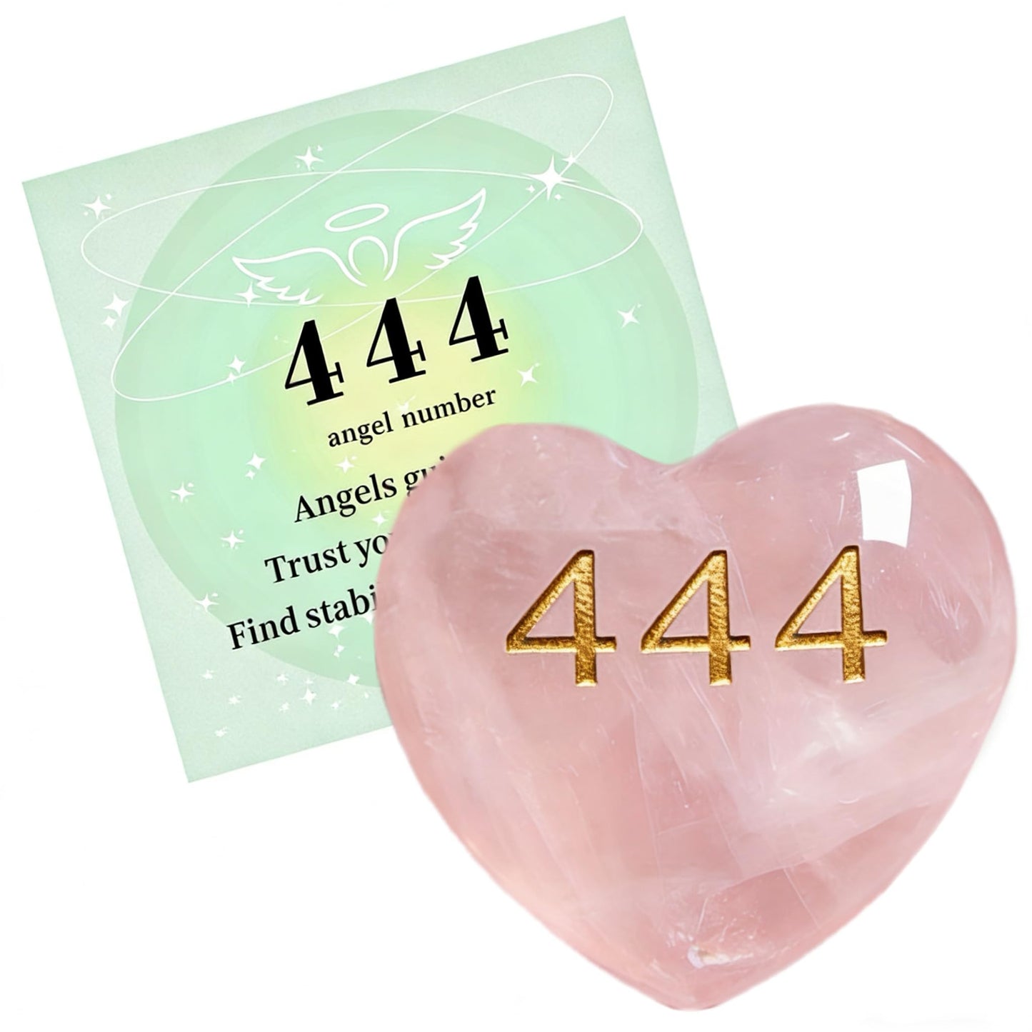 444 Angel Number Rose Quartz Heart Worry Stone - Spiritual Love Crystal Healing Pocket Rock for Women, Polished Heart Shaped Reiki Stone (Engraved 444)