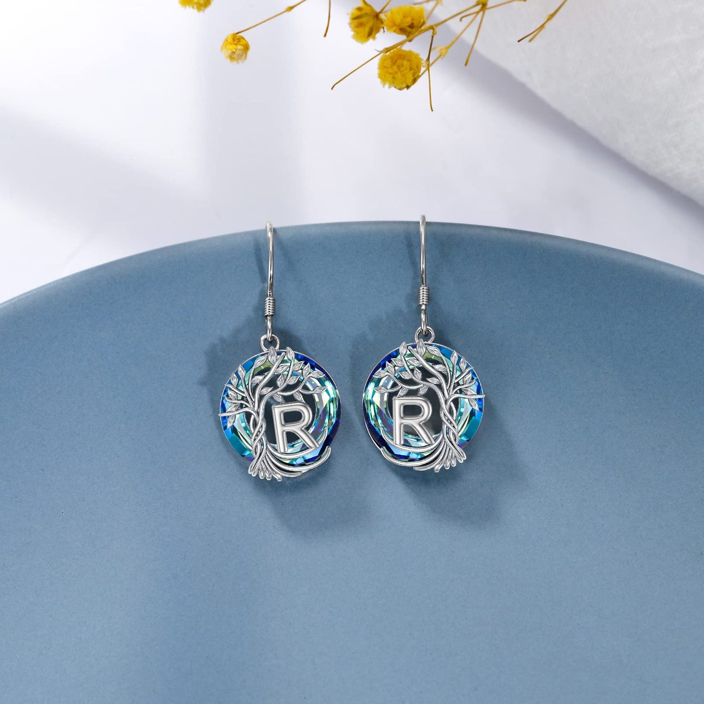 TOUPOP Tree of Life Initial Earrings Sterling Silver Initial R Letter Drop Dangle Earrings Blue Circle Crystal Family Tree Jewelry Birthday Mothers Day Gifts for Women Mom Her