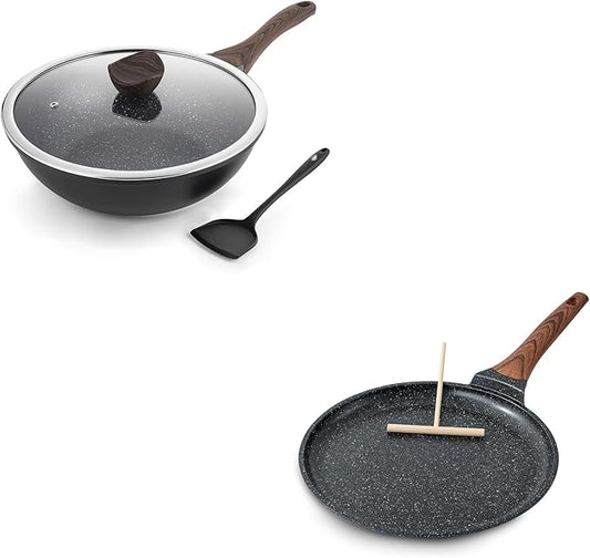 Kordisen Crepe Pan Nonstick, 10 Inch Dosa Pan with Spreader, Granite Coating Comales Para Tortillas Pancake Pan, Flat Pan for Stove Top, Induction Compatible, PFOA Free