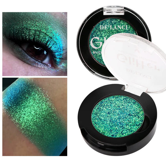 Afflano Single Green Eyeshadow Shimmery, Highly Pigmented Multichrome Eye shadow Color Changing, Sparkle Forest Green Glitter Eyeshadow Palette, Holographic Emerald Chrome Eye Shadow for Eye Makeup
