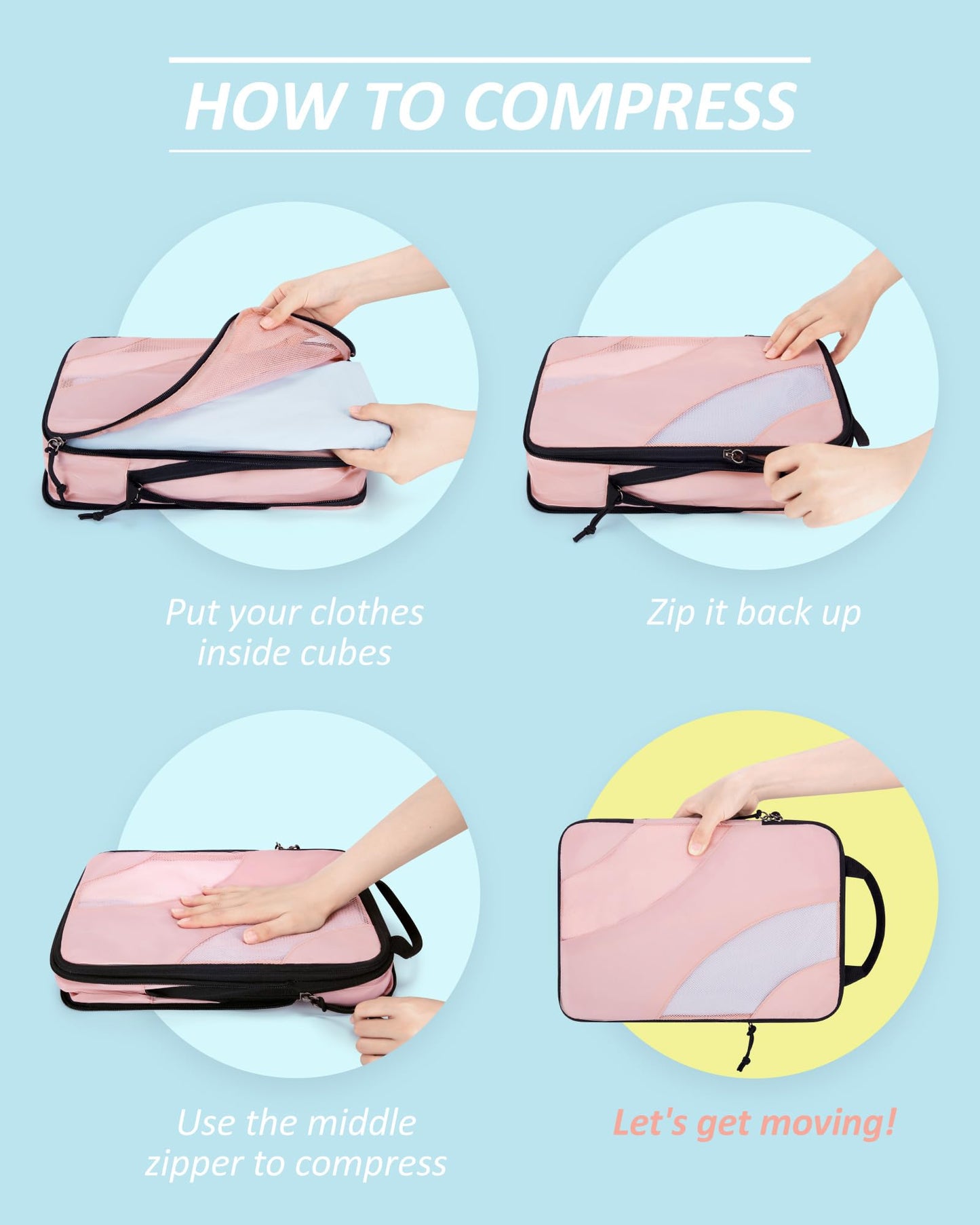 BAGSMART Compression Packing Cubes, 2 Set Travel Packing Cubes for Carry on Suitcases, Compression Suitcase Organizers Bag Set & Travel Cubes for Luggage, Lightweight Packing Organizers Baby Pink