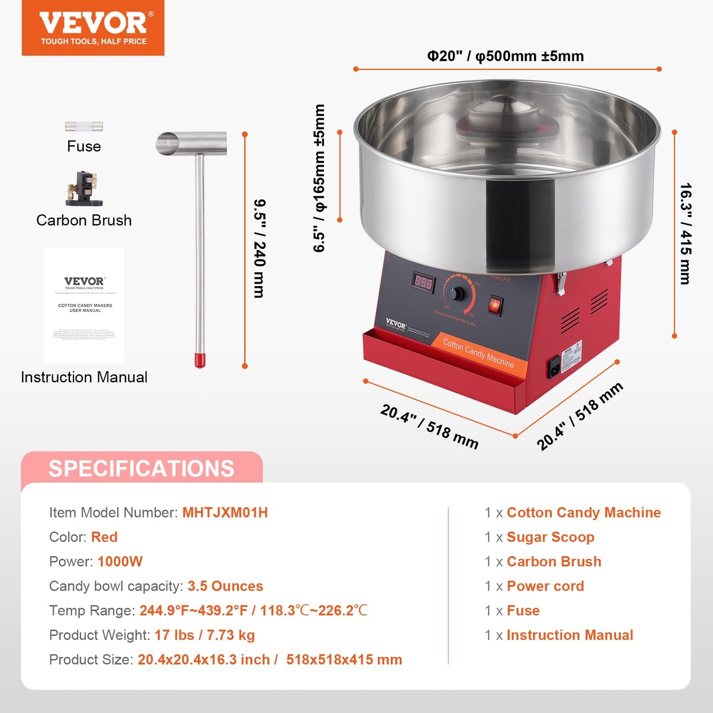 VEVOR Cotton Candy Machine Commercial, 1000W Electric Floss Maker with Stainless Steel Bowl, Sugar Scoop, Storage Drawer, Perfect for Home, Carnival, Kids Birthday, Family Party, Red