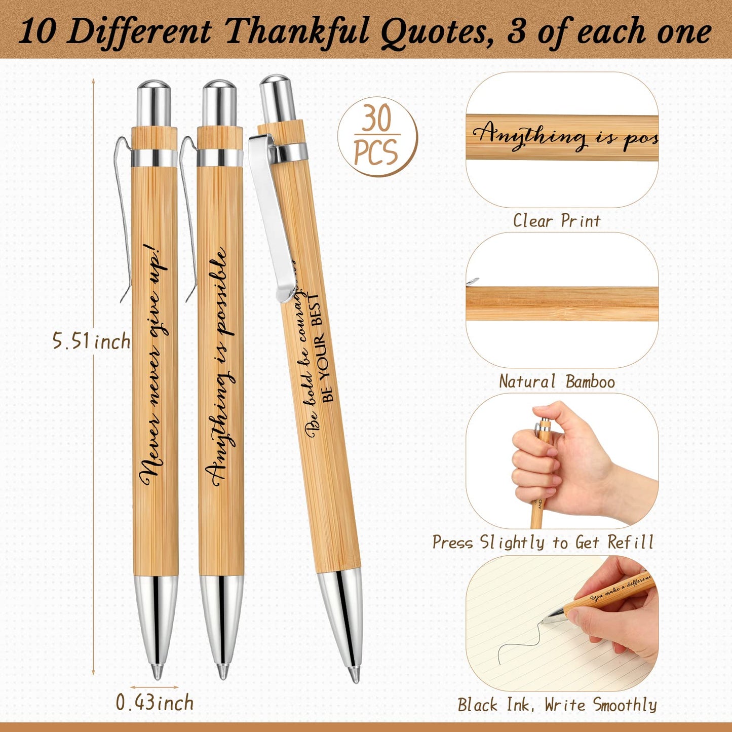 Fulmoon 60 Pcs Motivational Pens Inspirational Notebooks Gifts Bulk Inspirational Ballpoint Pen Small Note Pads Appreciation Gifts for Employee Volunteer Teachers Student Grad Party Favor (Brown)