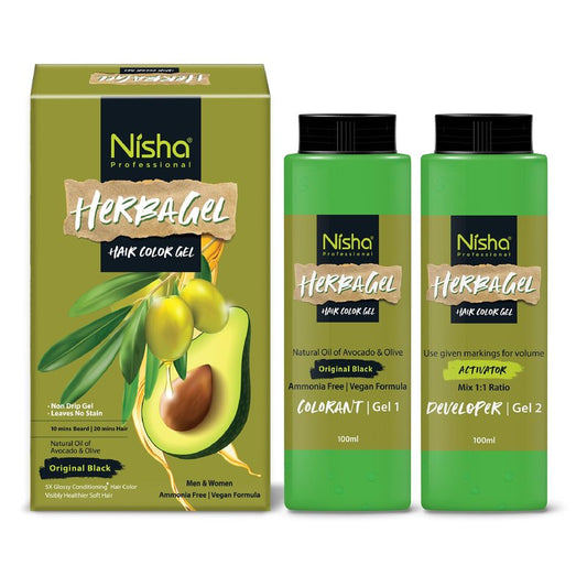 Nisha Herba Gel Hair Colour Gel, Original Black 100ml + 100ml | No Ammonia, No Stain, Non-Drip Vegan Formula | Permanent Hair Colour & Hair Dye | 100% Grey Coverage & Long-Lasting Shine
