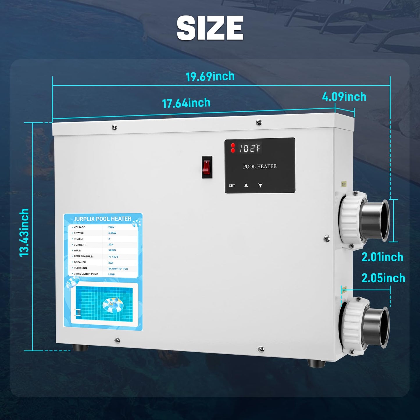 JURPLIX 11KW 220V 50A Electric Pool Heater for Swimming Pool, Hot Tub & Spa Heater with Digital Touch Screen Thermostat, Efficient Water Warmer, Above Inground Pool & Ground Pool