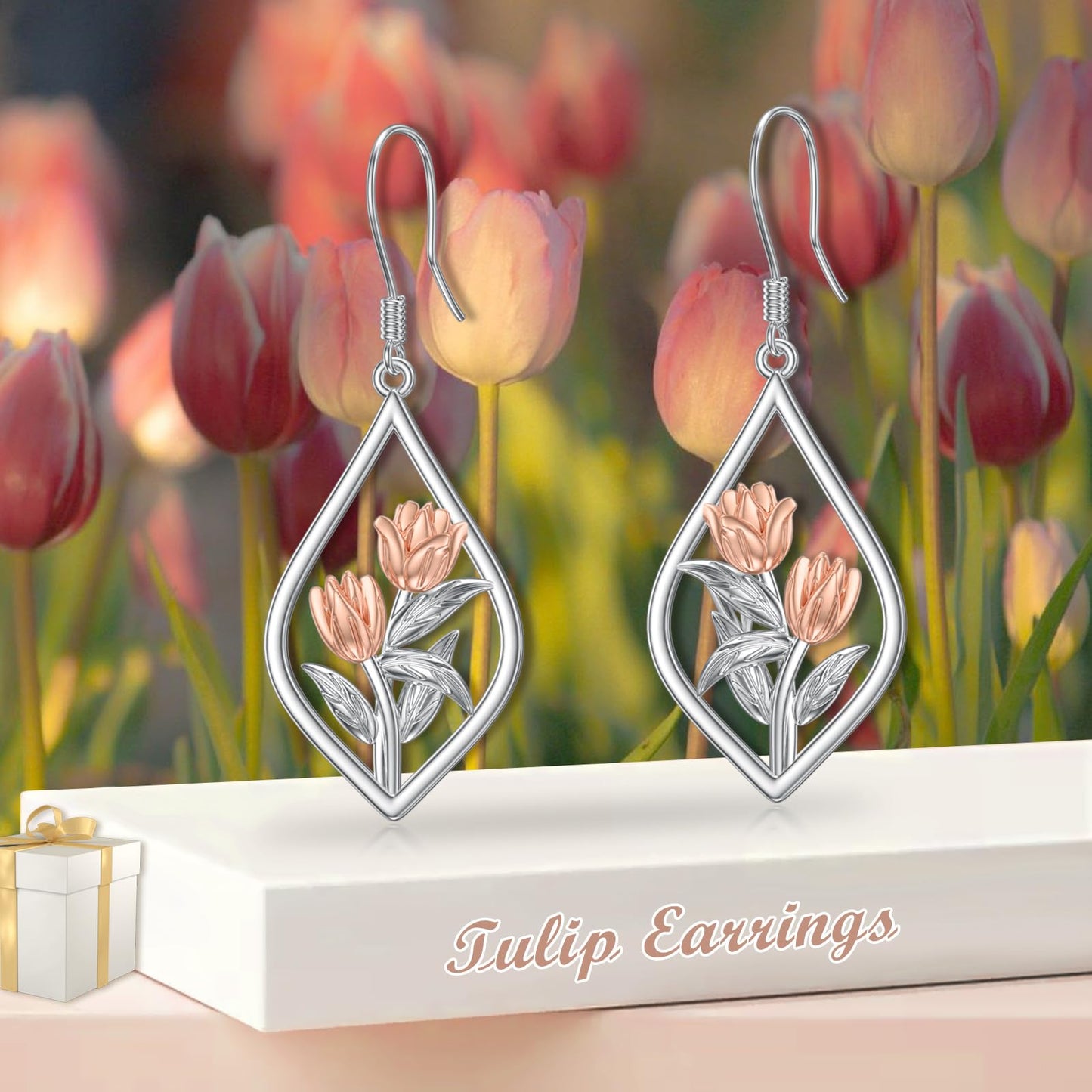 Tulip Earrings Sterling Silver Tulip Flower Floral Dangle Dangling Drop Charm Earrings Tulip Jewelry Gifts for Women