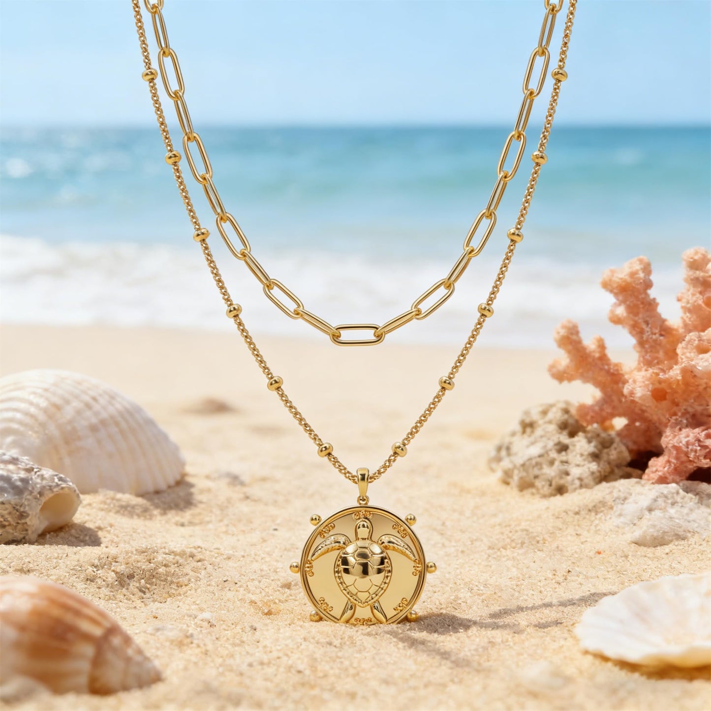 MEVECCO Gold Layered Choker Necklace for Women, 18K Gold Plated Cute Dainty Round Coin Turtle Pendant Satellite Chain Minimalist Choker Necklace for Jewelry