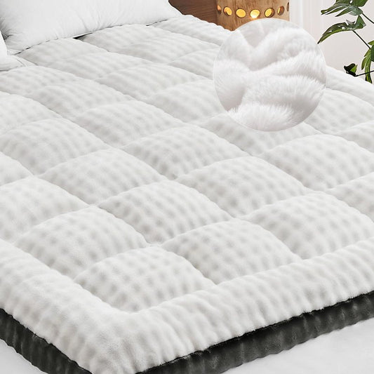 Cymula Queen Mattress Topper Fleece Bubble Pillow Top Mattress Pad Cover for Back Pain Faux Fur Extra Thick Mattress Protector Soft with Fluffy Down Alternative, 8-21" Deep Pocket, White