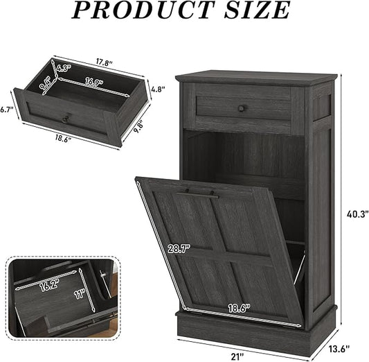 chartustriable Farmhouse Tilt-Out Trash Can Cabinet,13 Gallon Laundry Hamper with Drawers, Wooden Hidden Garbage Can Cabinet w/Storage for Kitchen & Living Room, Dark Grey